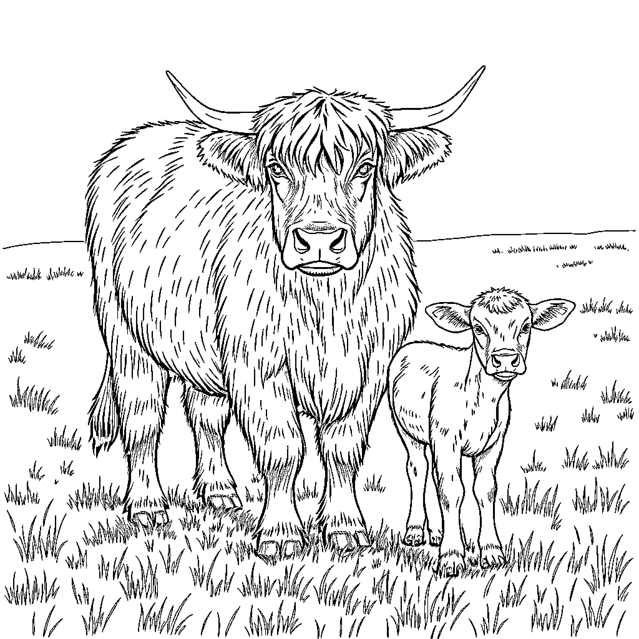 Highland Cow and Calf Grazing in the Meadow Coloring Page (free black-and-white line drawing printable PDF for all, from beginners to advanced learners, including children, teens, adults, and seniors)