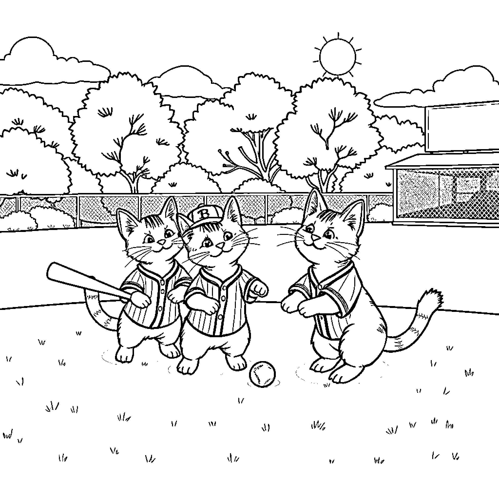 Cat friends playing in the outdoor scene Coloring Page (free black-and-white line drawing printable PDF for all, from beginners to advanced learners, including children, teens, adults, and seniors)