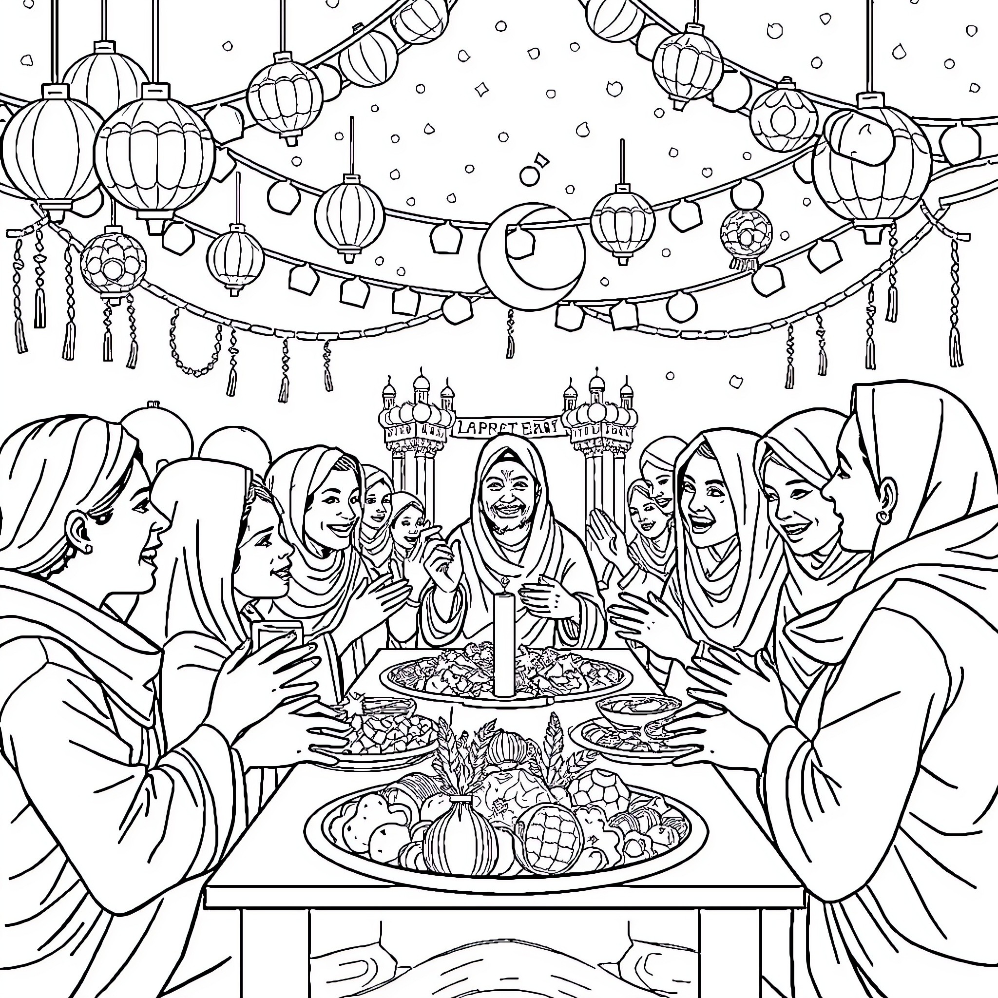 Eid Celebration with Joyful Family Gathering Coloring Page (free black-and-white line drawing printable PDF for all, from beginners to advanced learners, including children, teens, adults, and seniors)