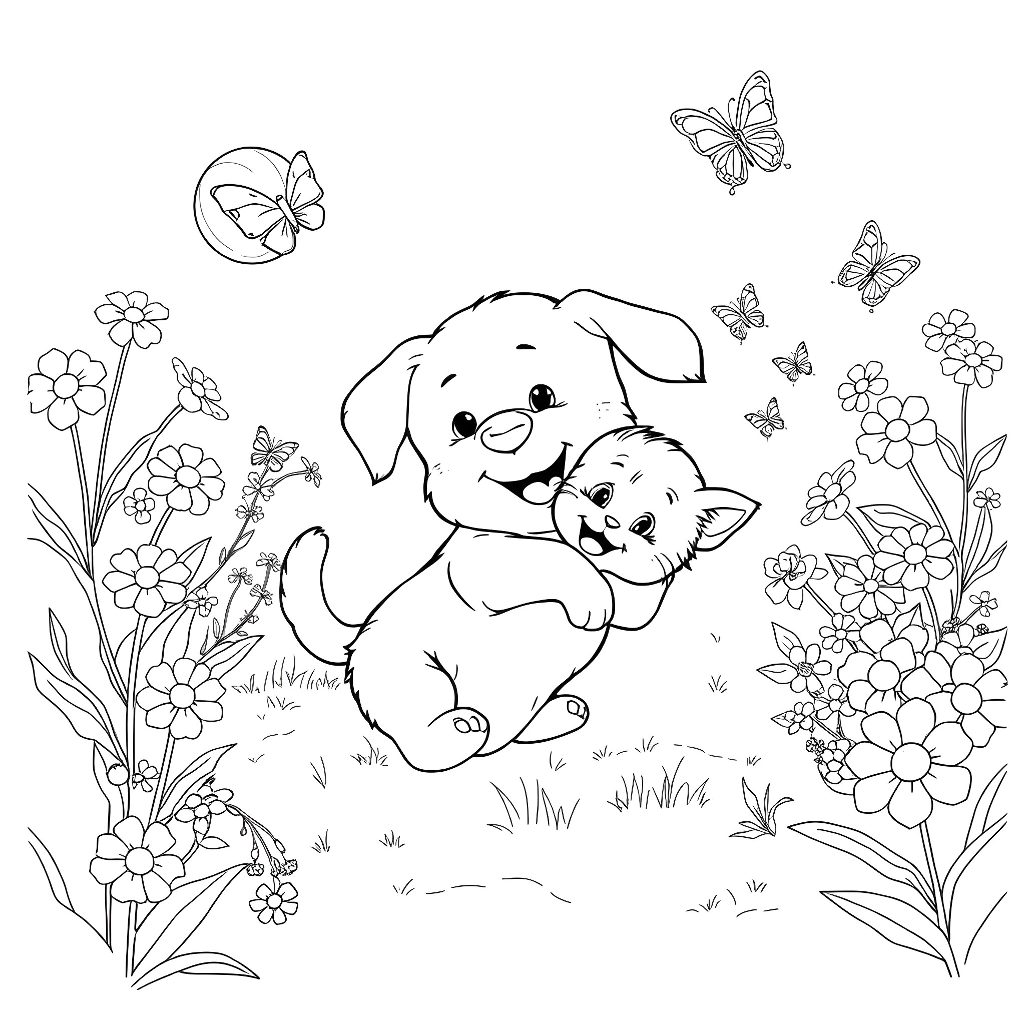 Puppy playing with butterflies in a flower field Coloring Page (free black-and-white line drawing printable PDF for all, from beginners to advanced learners, including children, teens, adults, and seniors)
