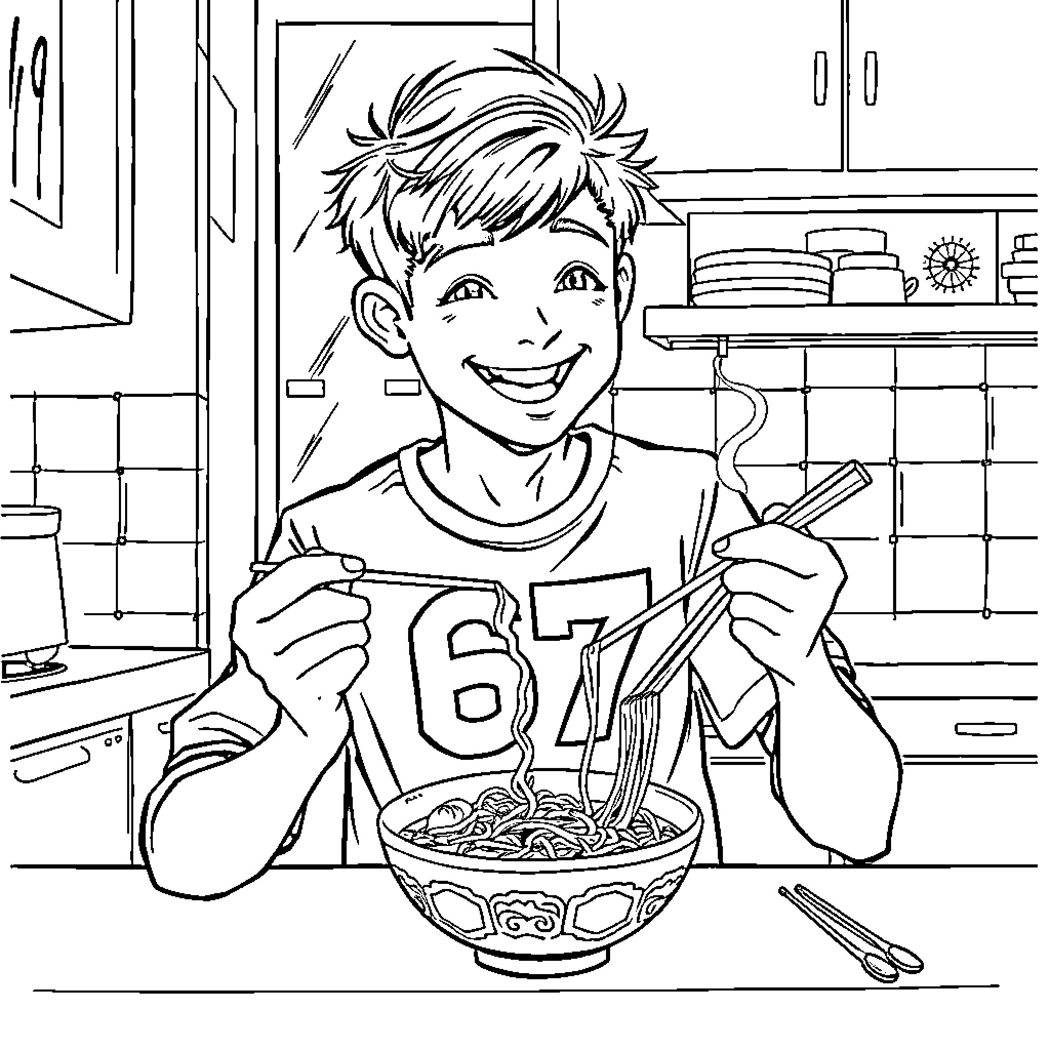 Teenager enjoying a hearty meal in kitchen Coloring Page (free black-and-white line drawing printable PDF for all, from beginners to advanced learners, including children, teens, adults, and seniors)