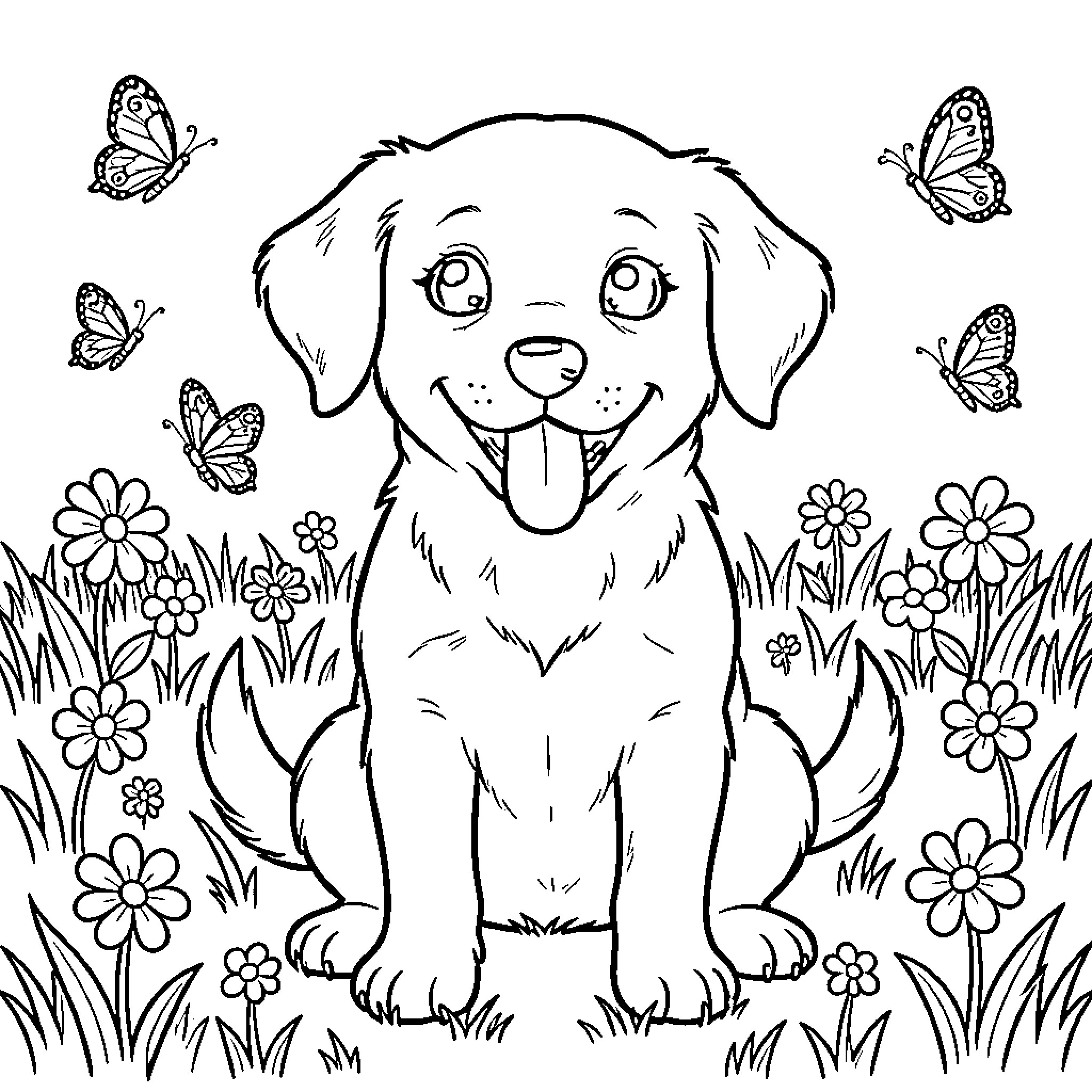 Puppy Enjoying Nature's Beauty Coloring Page (free black-and-white line drawing printable PDF for all, from beginners to advanced learners, including children, teens, adults, and seniors)