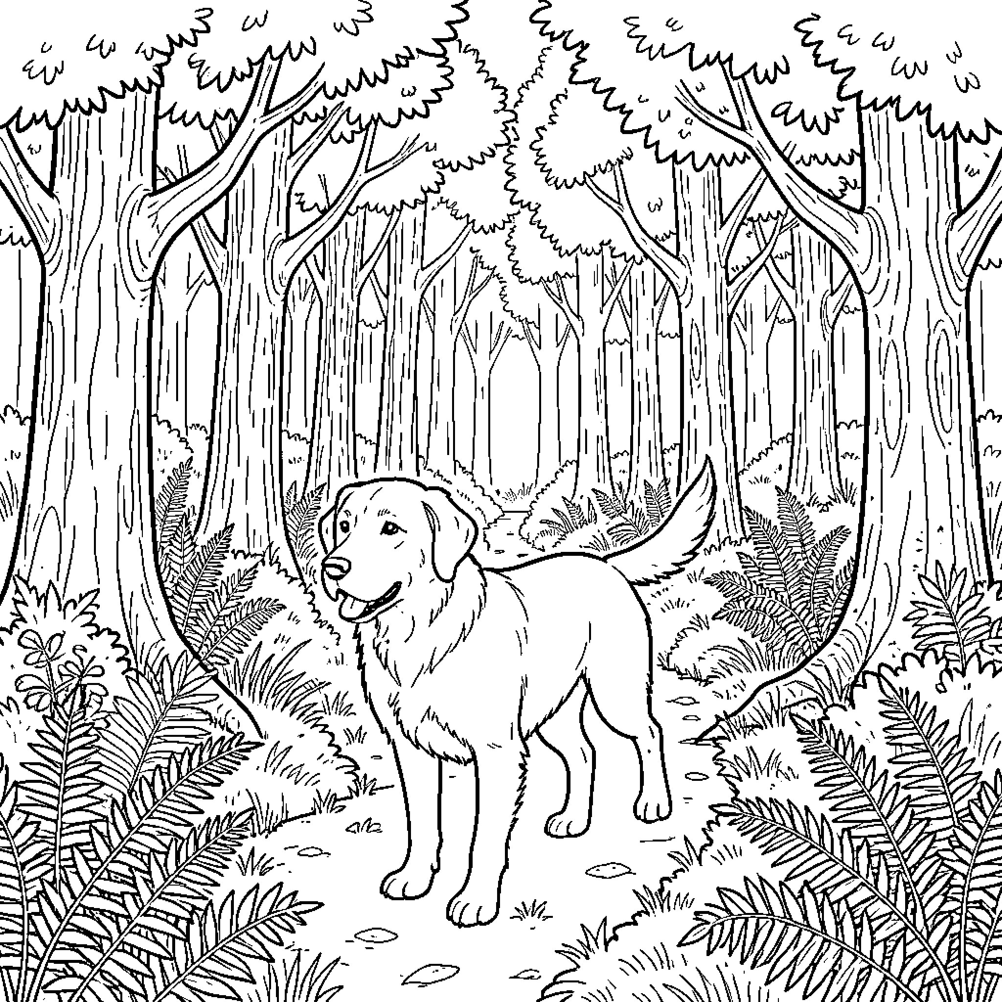 Dog standing calmly on a forest path Coloring Page (free black-and-white line drawing printable PDF for all, from beginners to advanced learners, including children, teens, adults, and seniors)