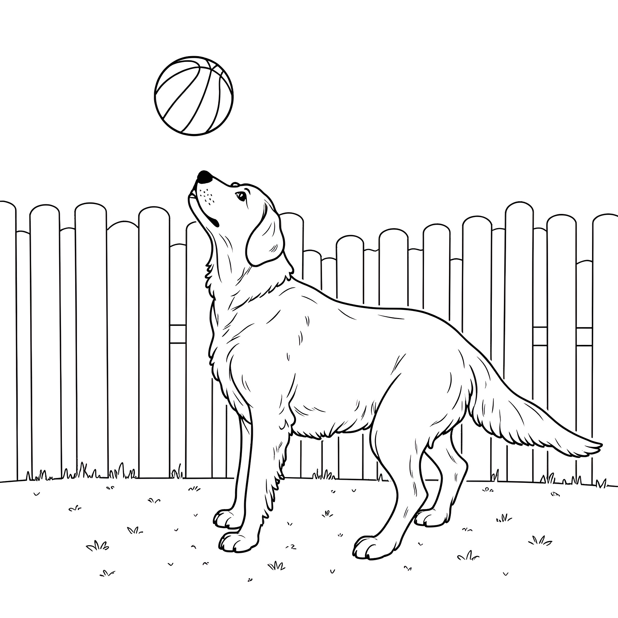 Dog playing with ball in the backyard Coloring Page (free black-and-white line drawing printable PDF for all, from beginners to advanced learners, including children, teens, adults, and seniors)