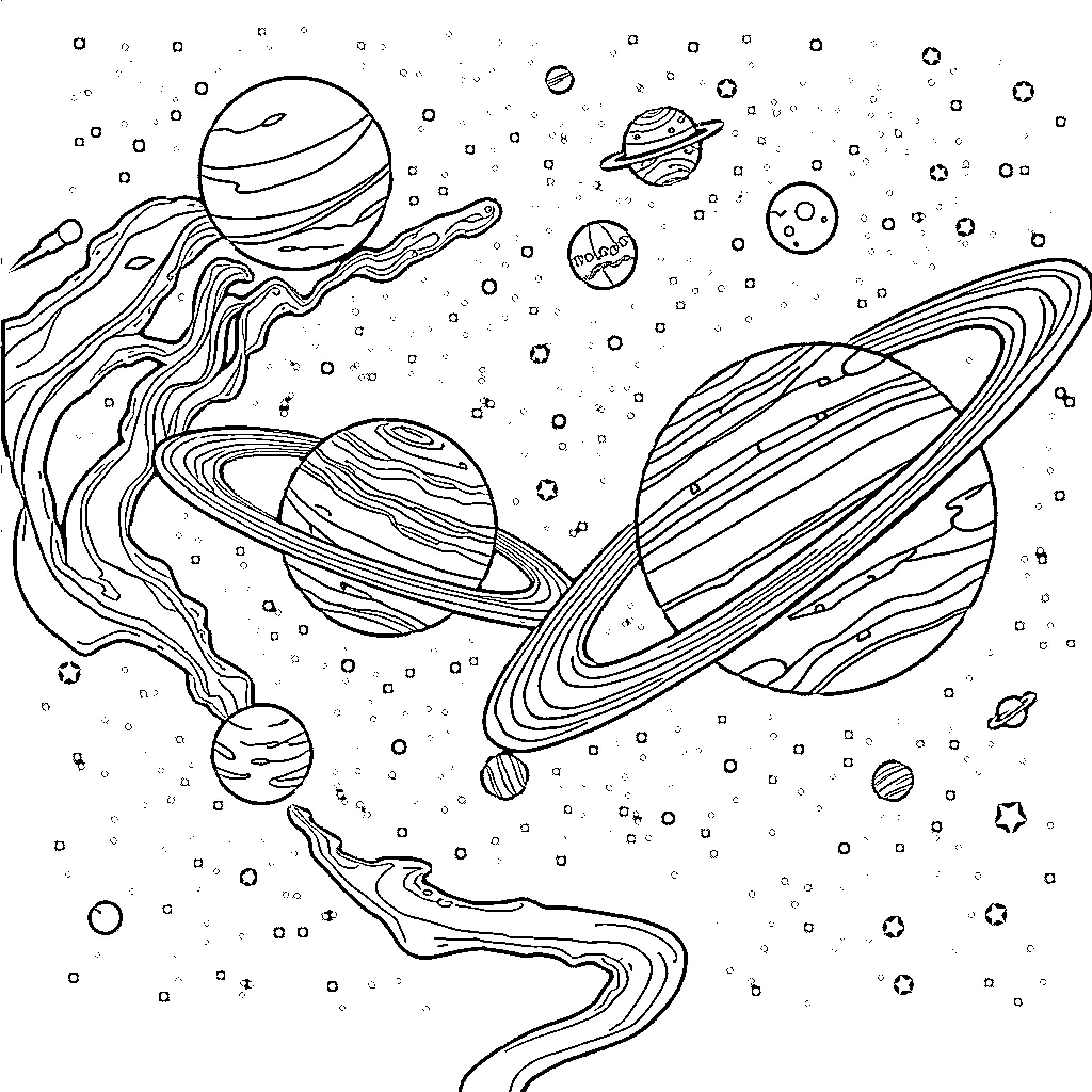 Planet of Cosmic Wonders Coloring Page (free black-and-white line drawing printable PDF for all, from beginners to advanced learners, including children, teens, adults, and seniors)
