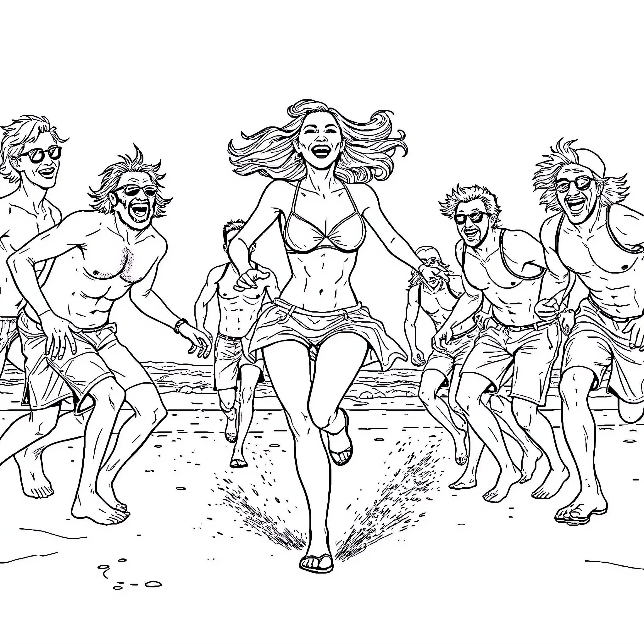 Woman dancing joyfully with friends on the beach Coloring Page (free black-and-white line drawing printable PDF for all, from beginners to advanced learners, including children, teens, adults, and seniors)