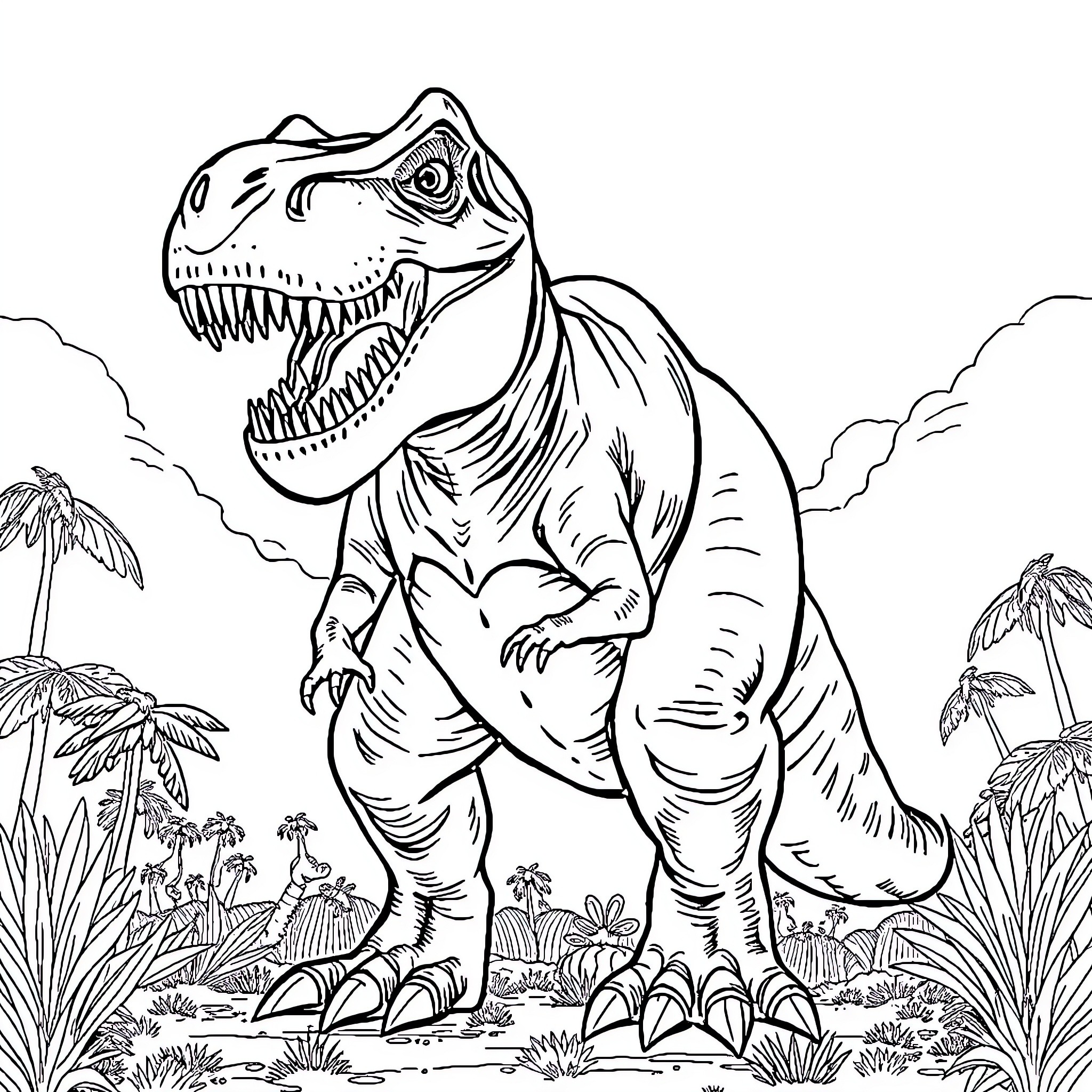 Trex Stomping Fiercely in Prehistoric Landscape Coloring Page (free black-and-white line drawing printable PDF for all, from beginners to advanced learners, including children, teens, adults, and seniors)