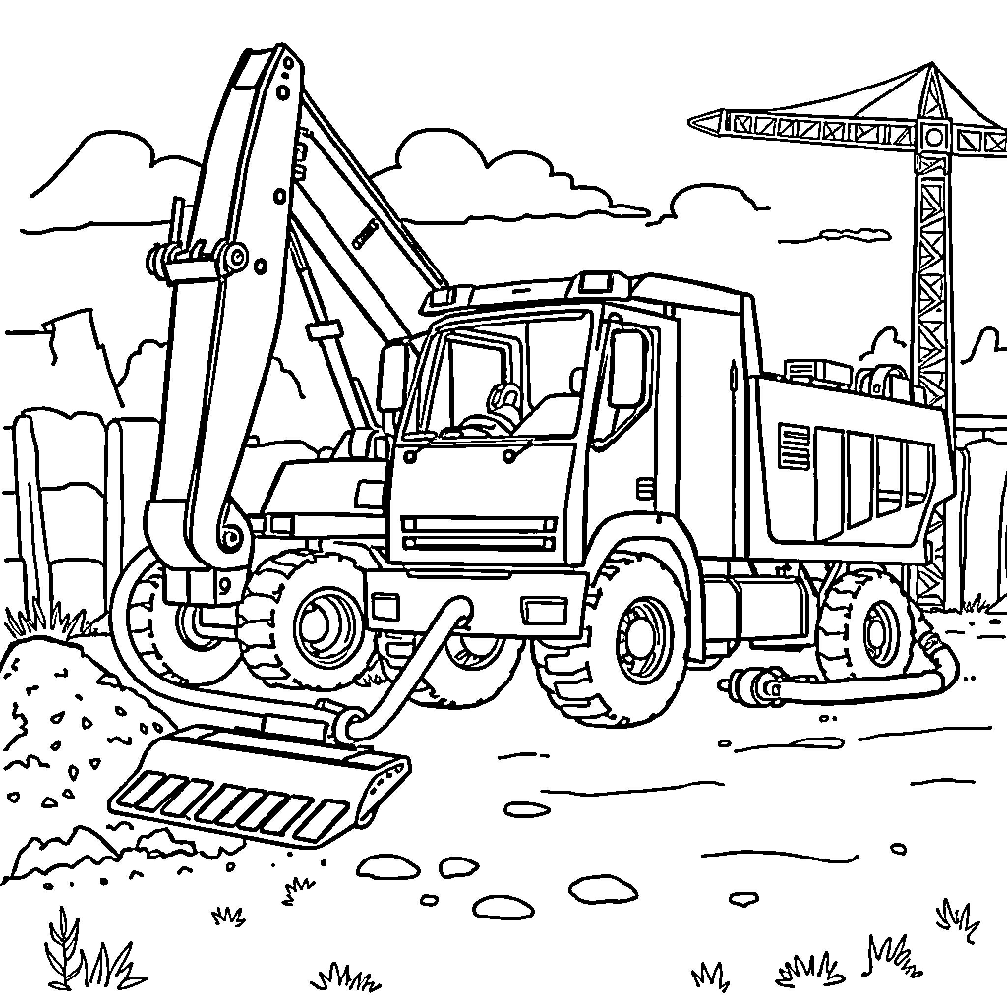 Chantier de construction avec grue et pelleteuse Coloring Page (free black-and-white line drawing printable PDF for all, from beginners to advanced learners, including children, teens, adults, and seniors)