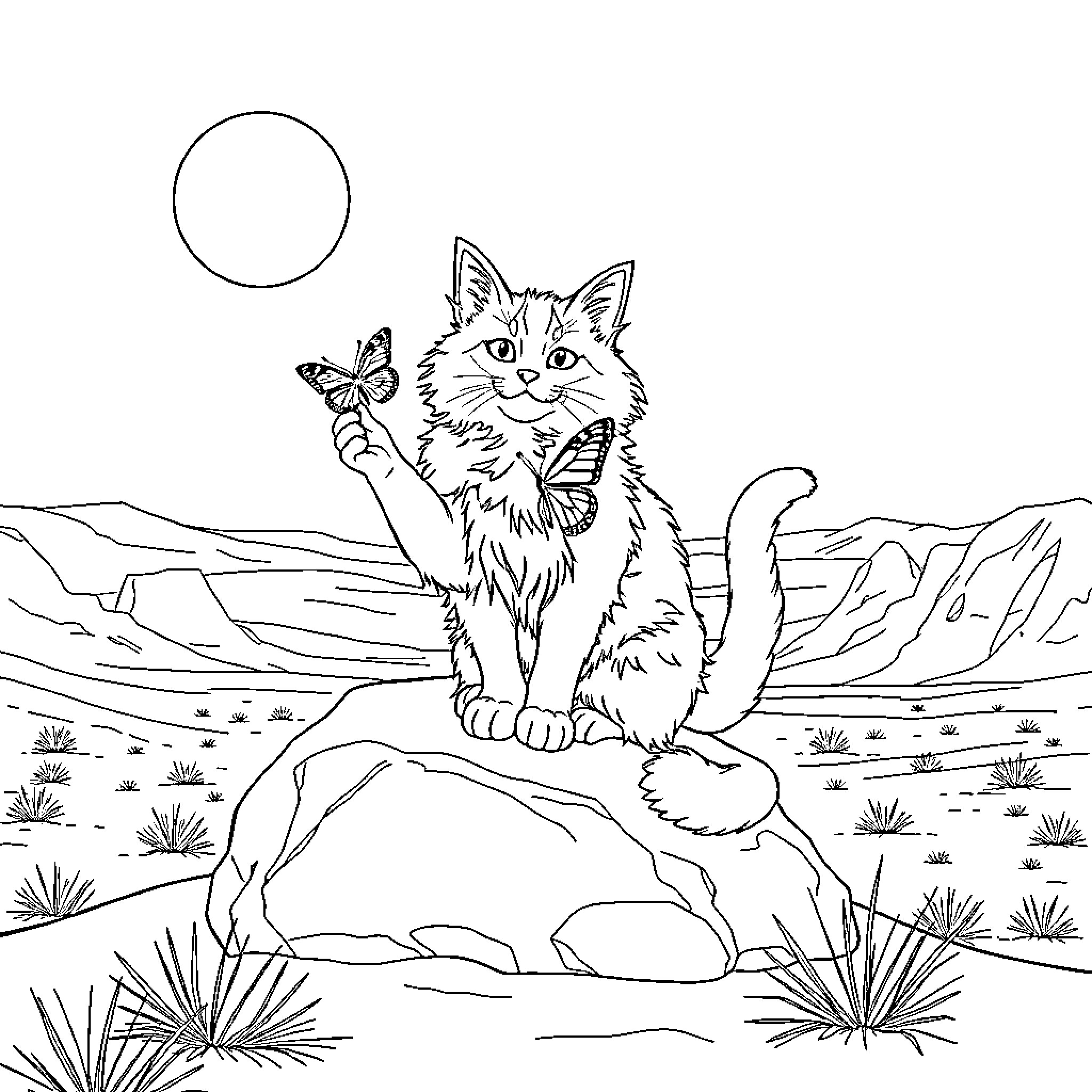 Cat playing with butterflies in the desert Coloring Page (free black-and-white line drawing printable PDF for all, from beginners to advanced learners, including children, teens, adults, and seniors)