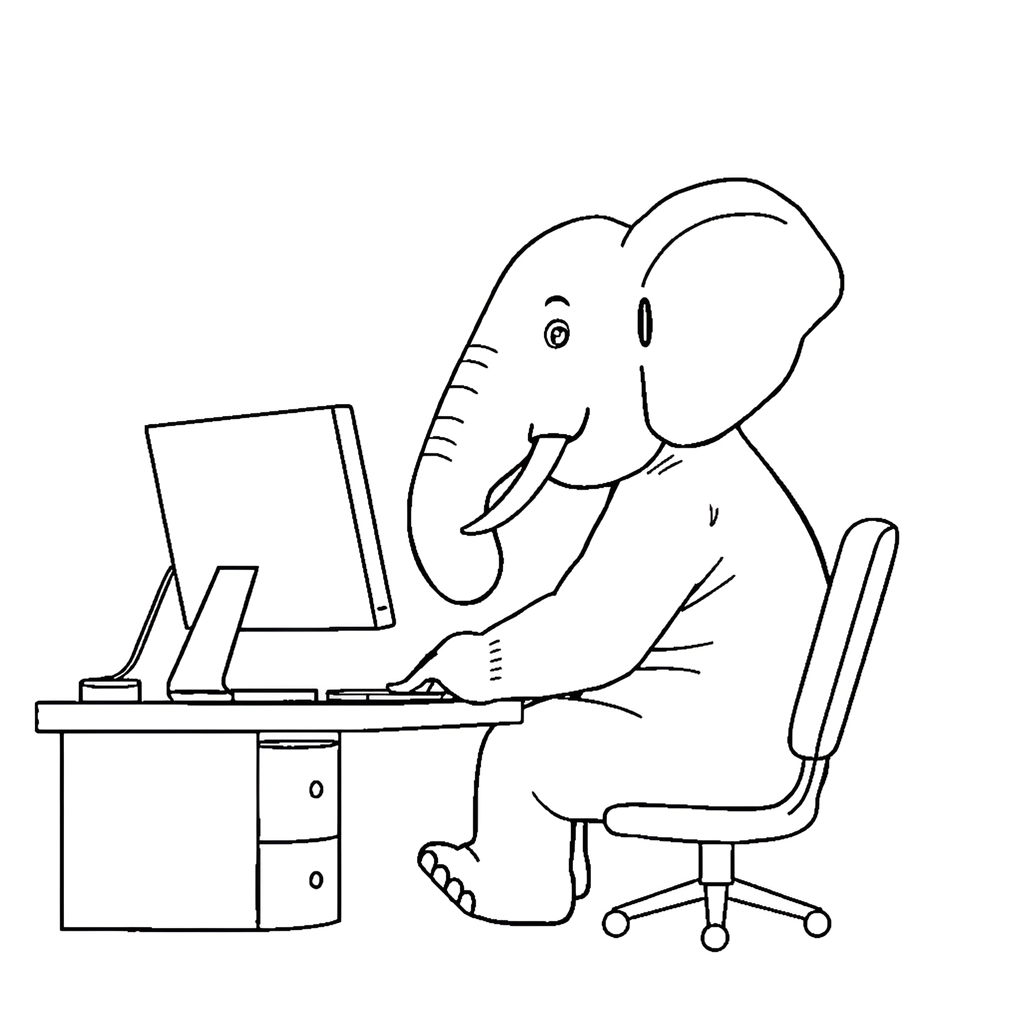 Elephant working at a computer desk Coloring Page (free black-and-white line drawing printable PDF for all, from beginners to advanced learners, including children, teens, adults, and seniors)