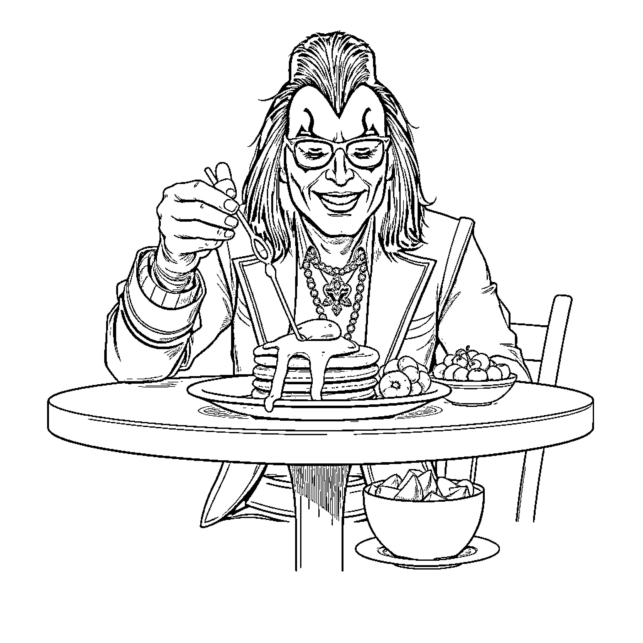 Gene Simmons enjoying a meal at the table Coloring Page (free black-and-white line drawing printable PDF for all, from beginners to advanced learners, including children, teens, adults, and seniors)