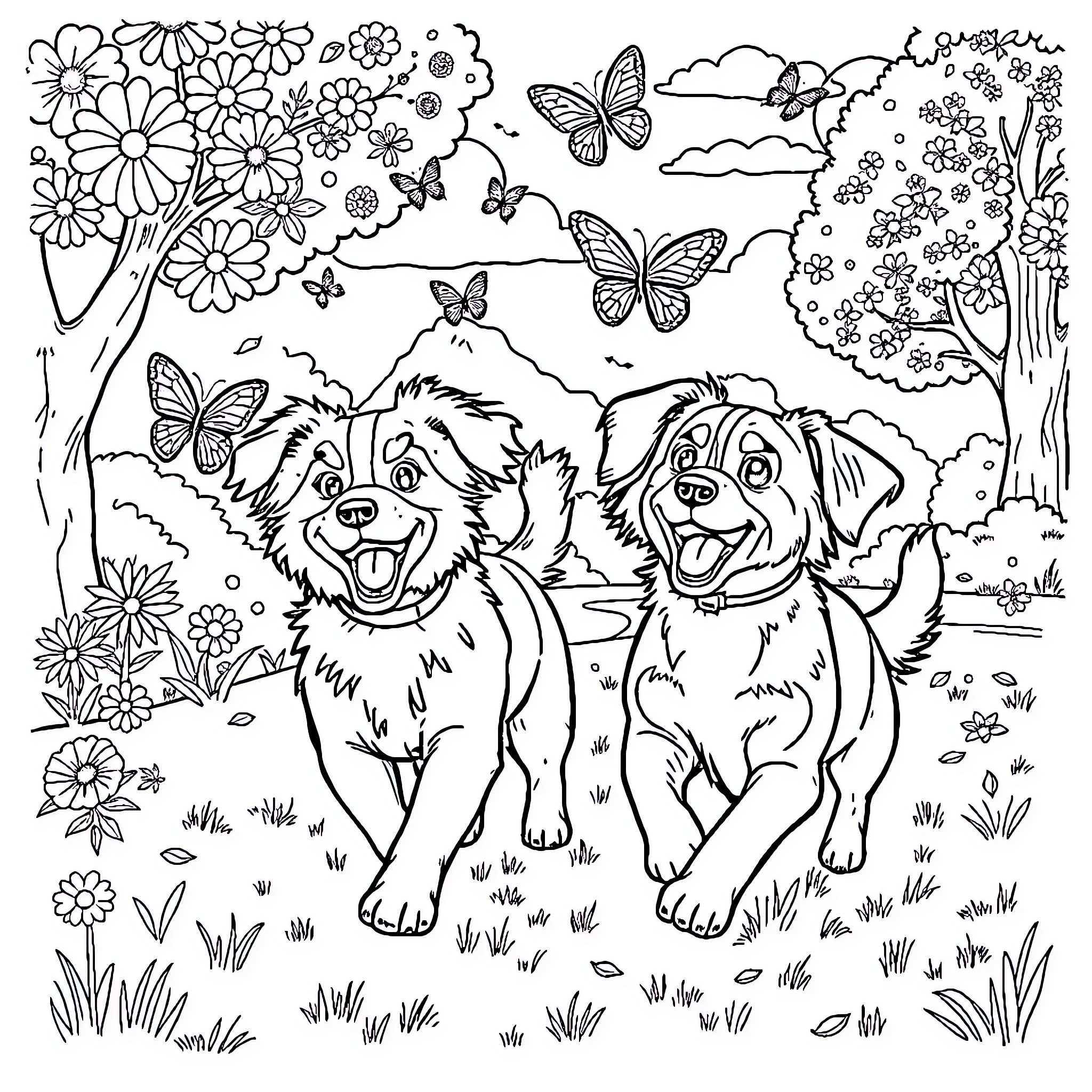 Dog friends enjoying a colorful garden Coloring Page (free black-and-white line drawing printable PDF for all, from beginners to advanced learners, including children, teens, adults, and seniors)