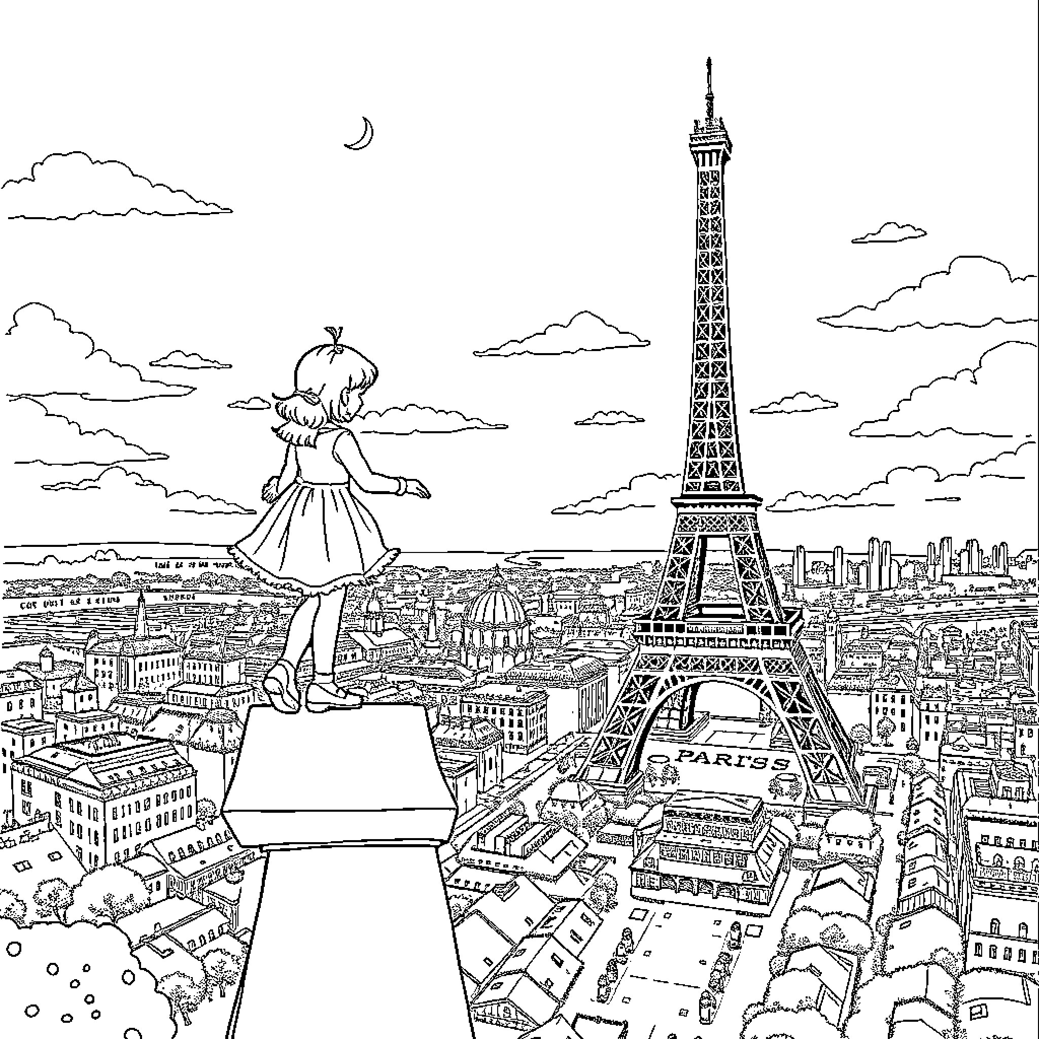 Girl in dress overlooking Paris skyline Coloring Page (free black-and-white line drawing printable PDF for all, from beginners to advanced learners, including children, teens, adults, and seniors)