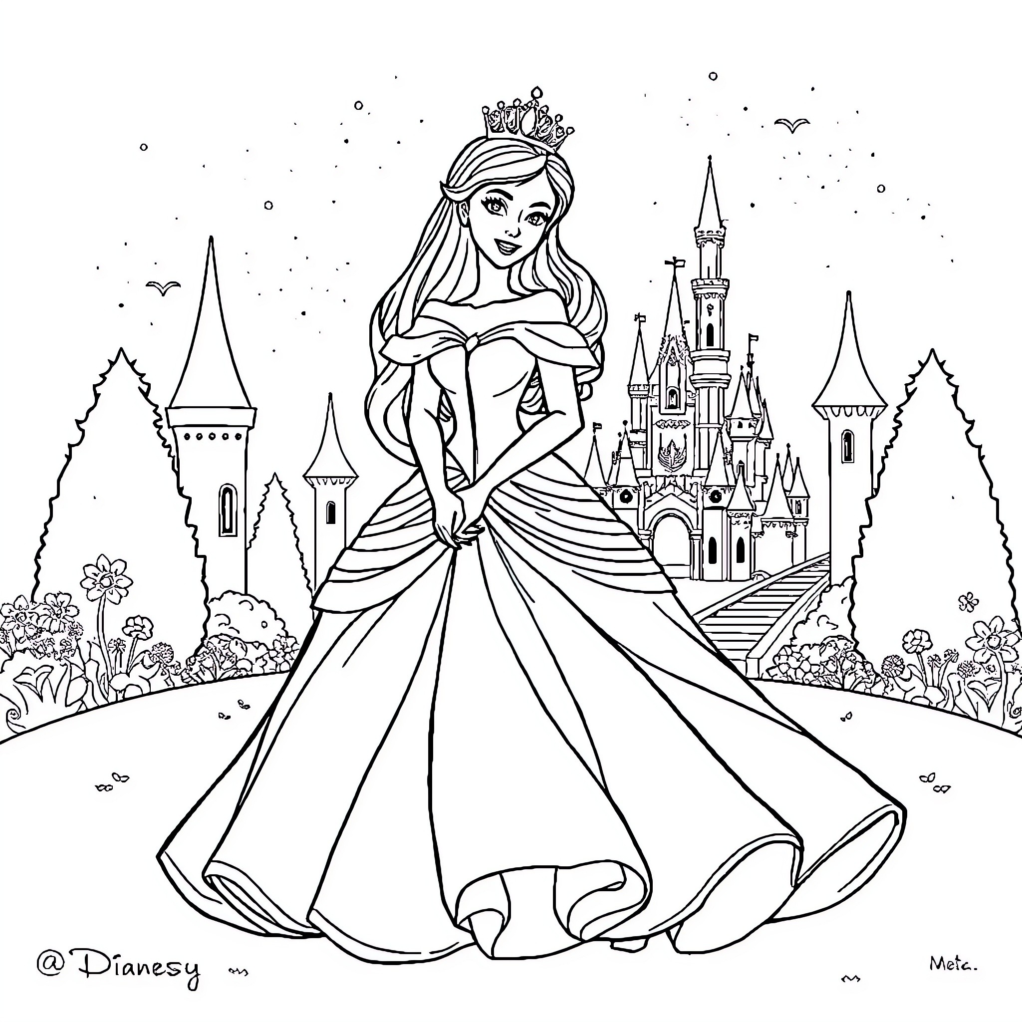 Disney Princess in a Fairytale Castle Scene Coloring Page (free black-and-white line drawing printable PDF for all, from beginners to advanced learners, including children, teens, adults, and seniors)