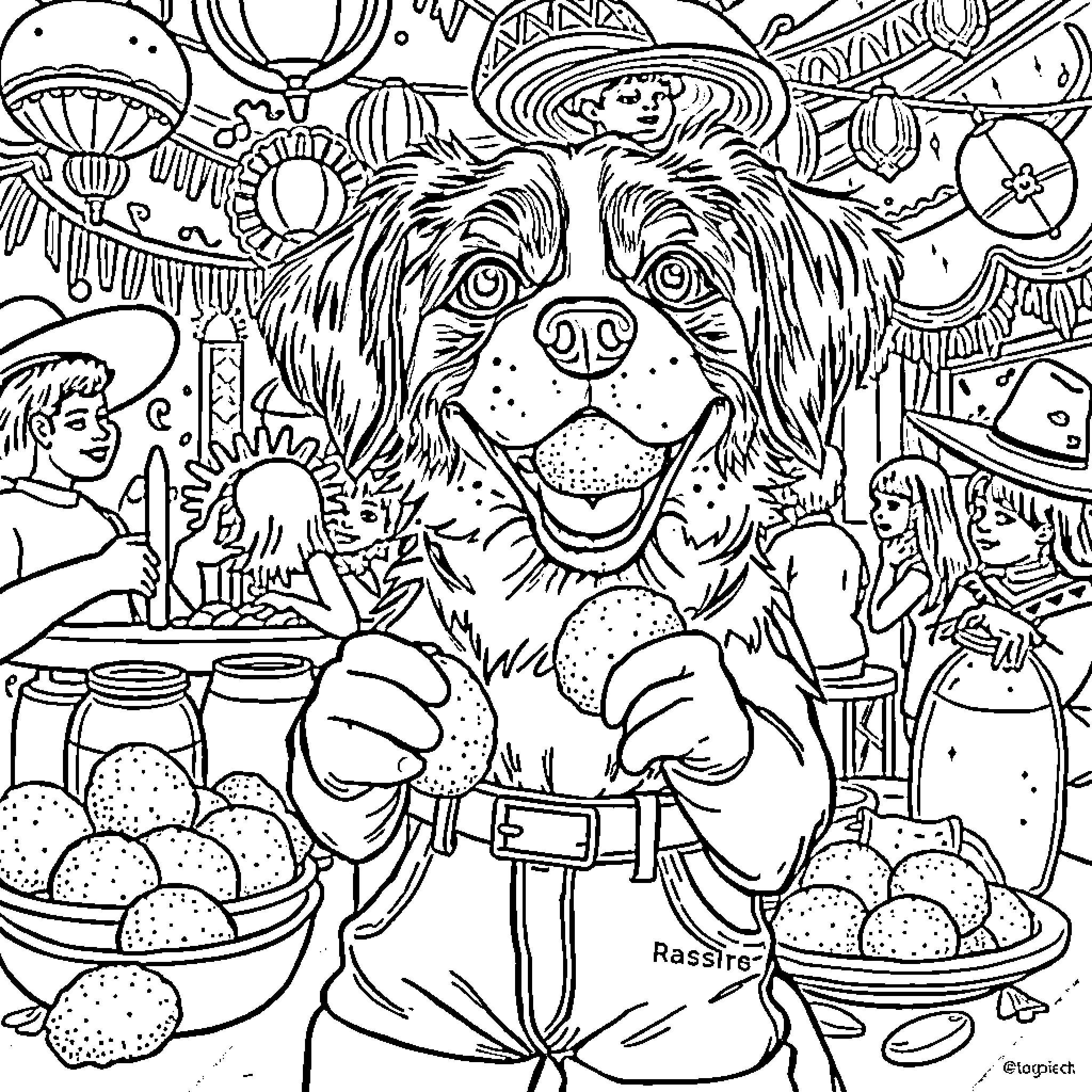 King Charles Cavalier Enjoying a Festive Carnival Coloring Page (free black-and-white line drawing printable PDF for all, from beginners to advanced learners, including children, teens, adults, and seniors)