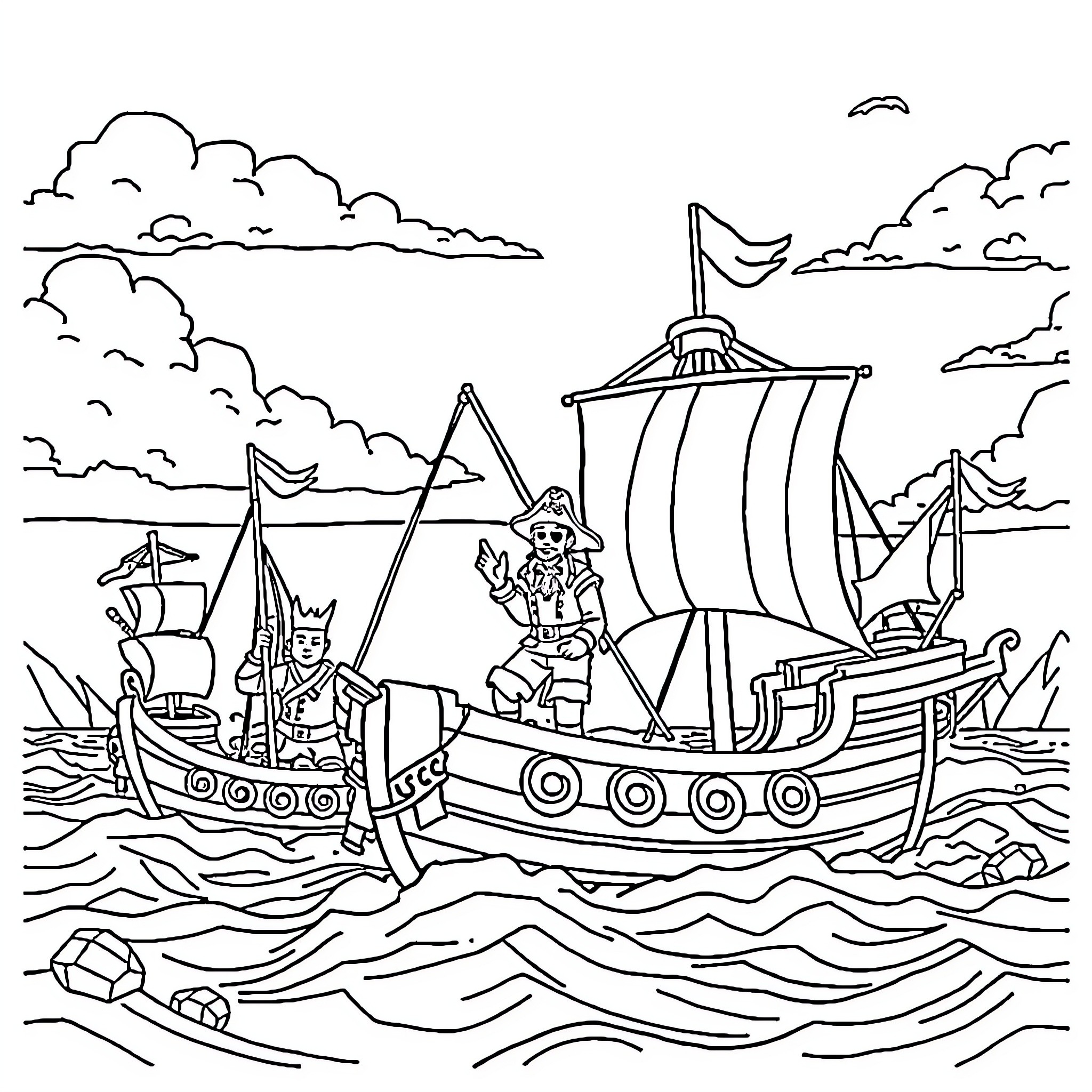 One Piece: Pirate Ships Sailing the Seas Coloring Page (free black-and-white line drawing printable PDF for all, from beginners to advanced learners, including children, teens, adults, and seniors)