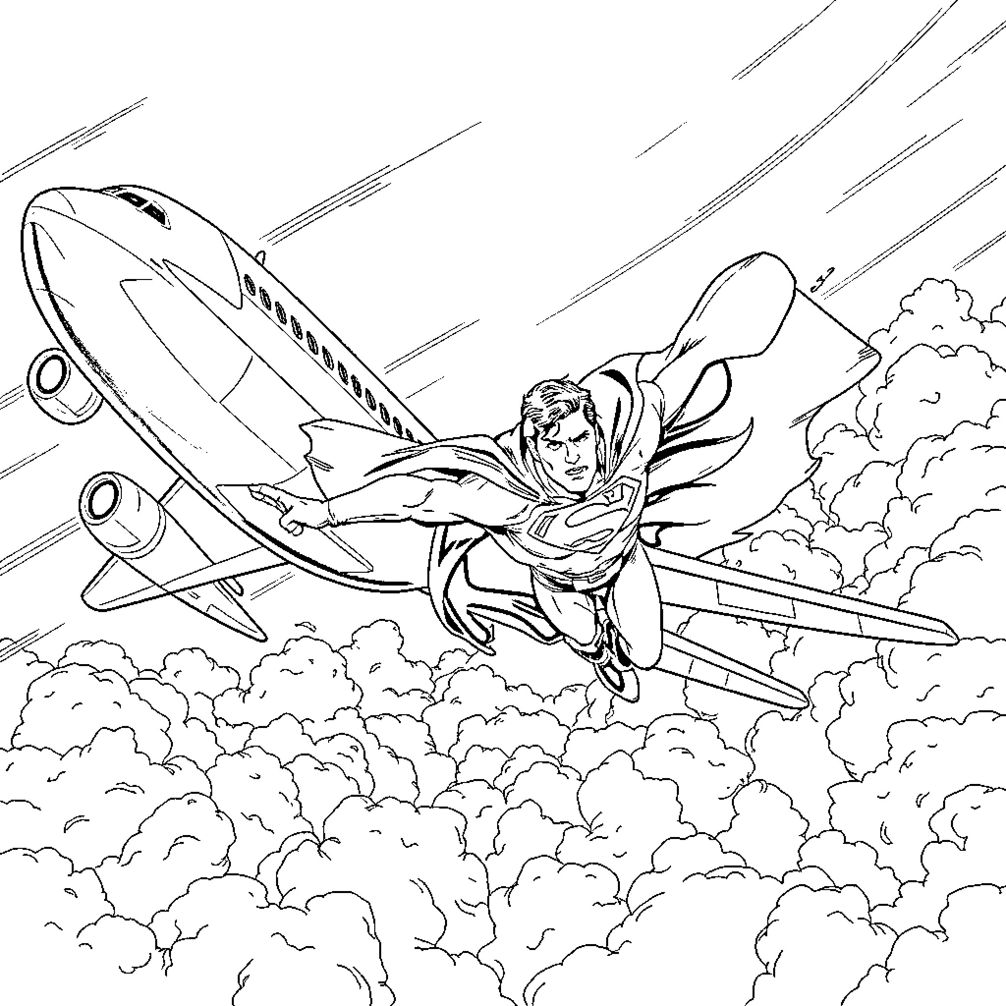 Superman soaring through the sky with a jet plane Coloring Page (free black-and-white line drawing printable PDF for all, from beginners to advanced learners, including children, teens, adults, and seniors)