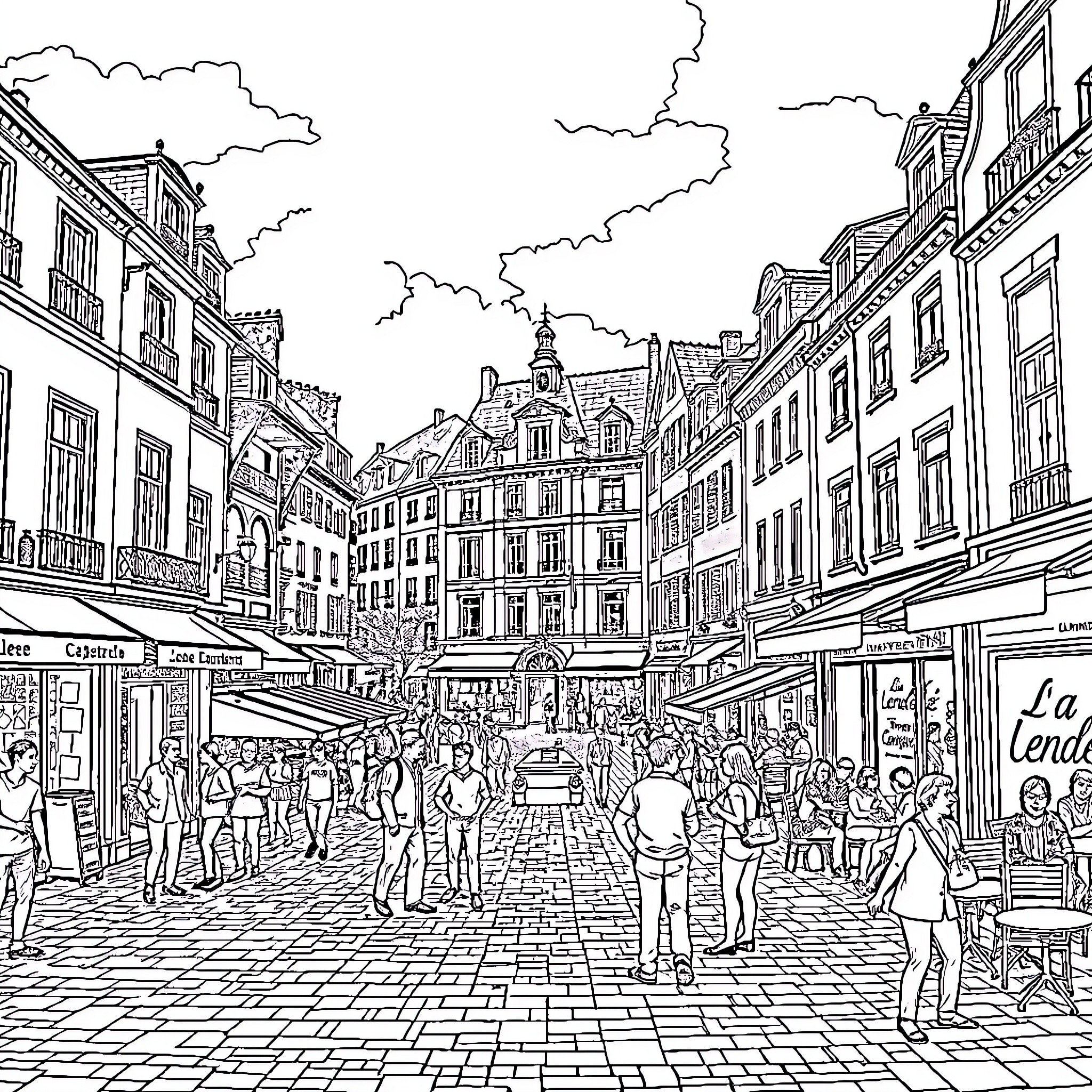 Vendée: Bustling Market Street Scene with Crowd Coloring Page (free black-and-white line drawing printable PDF for all, from beginners to advanced learners, including children, teens, adults, and seniors)