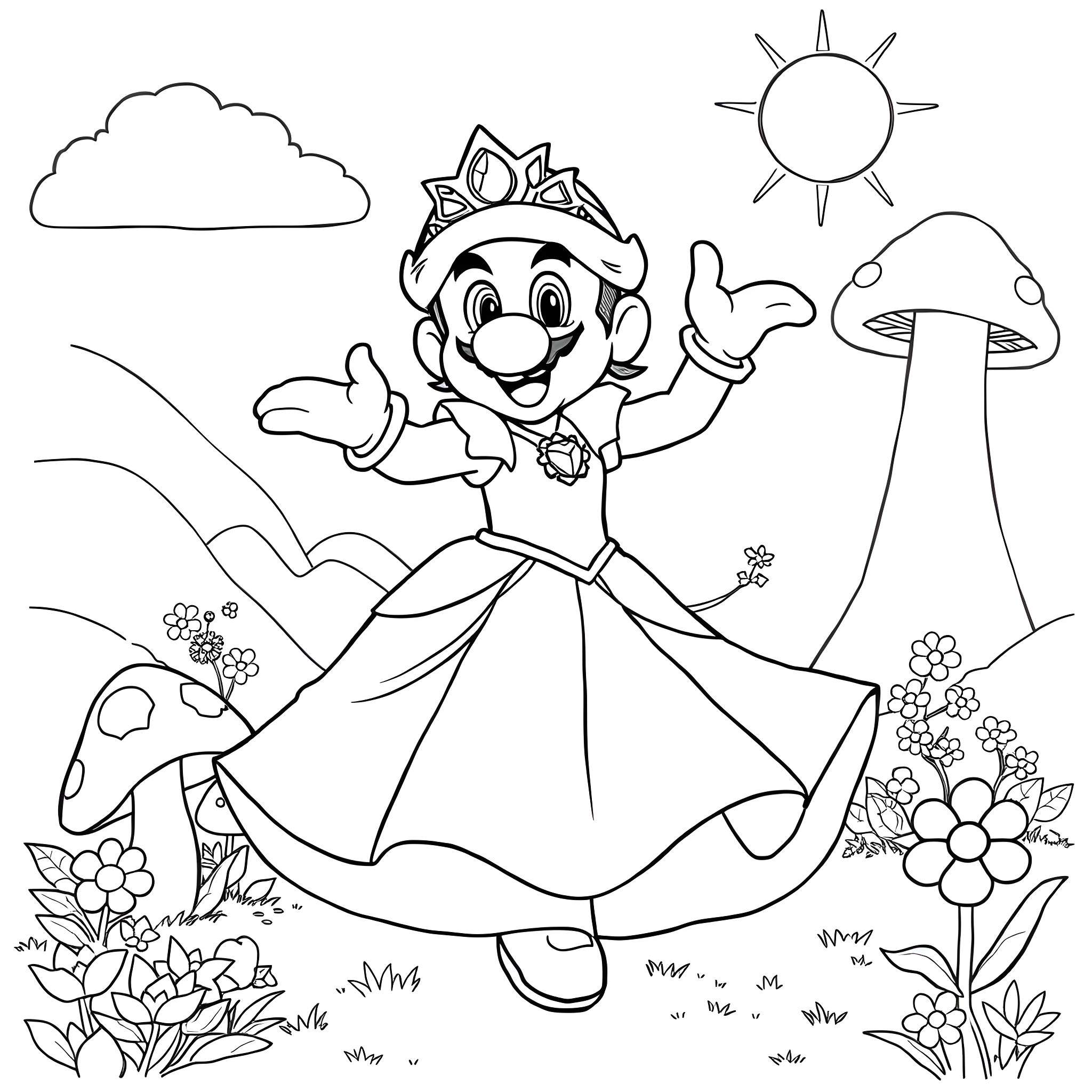 Super Mario in a Whimsical Princess Outfit Coloring Page (free black-and-white line drawing printable PDF for all, from beginners to advanced learners, including children, teens, adults, and seniors)