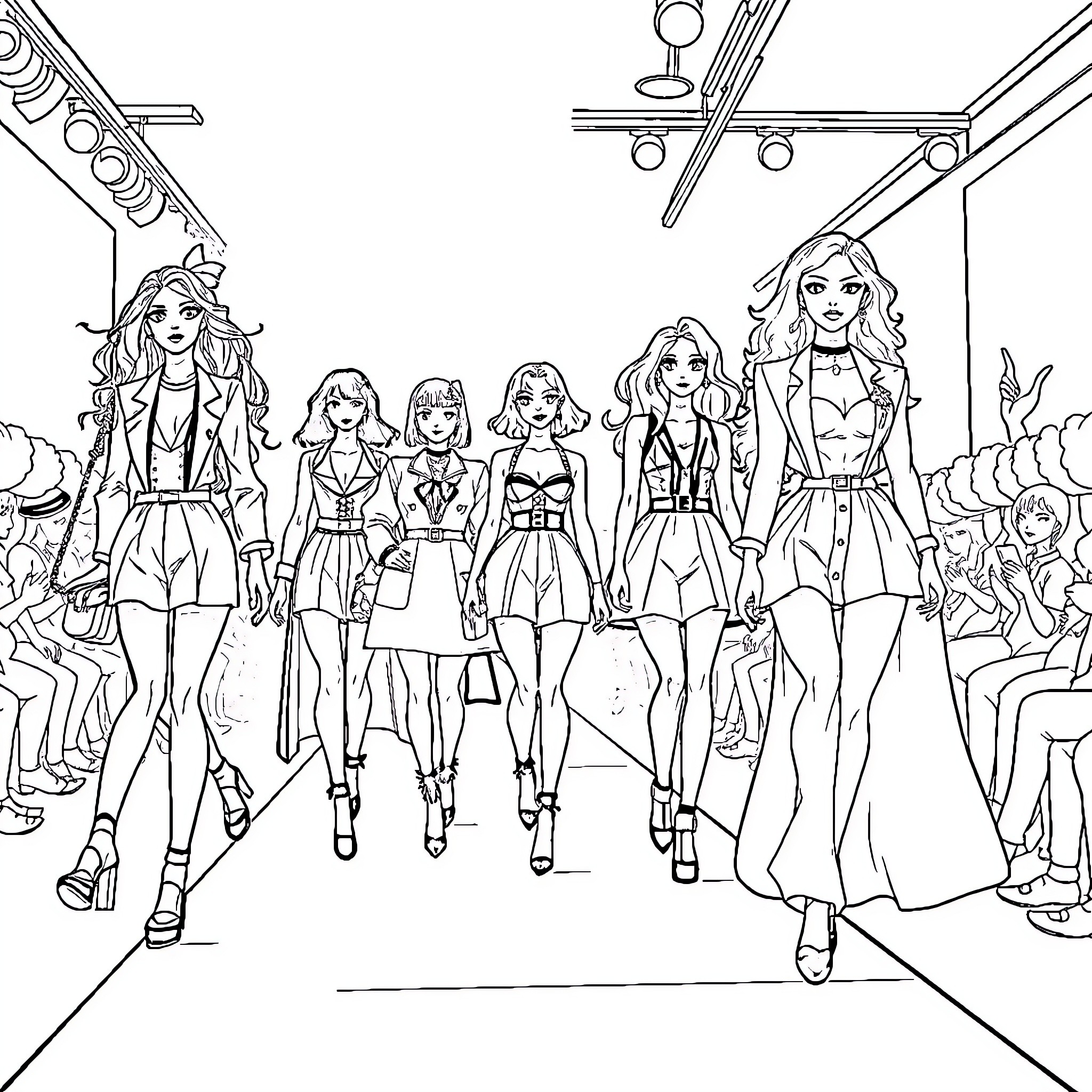 Anime Fashion Models Strutting Down the Runway Coloring Page (free black-and-white line drawing printable PDF for all, from beginners to advanced learners, including children, teens, adults, and seniors)