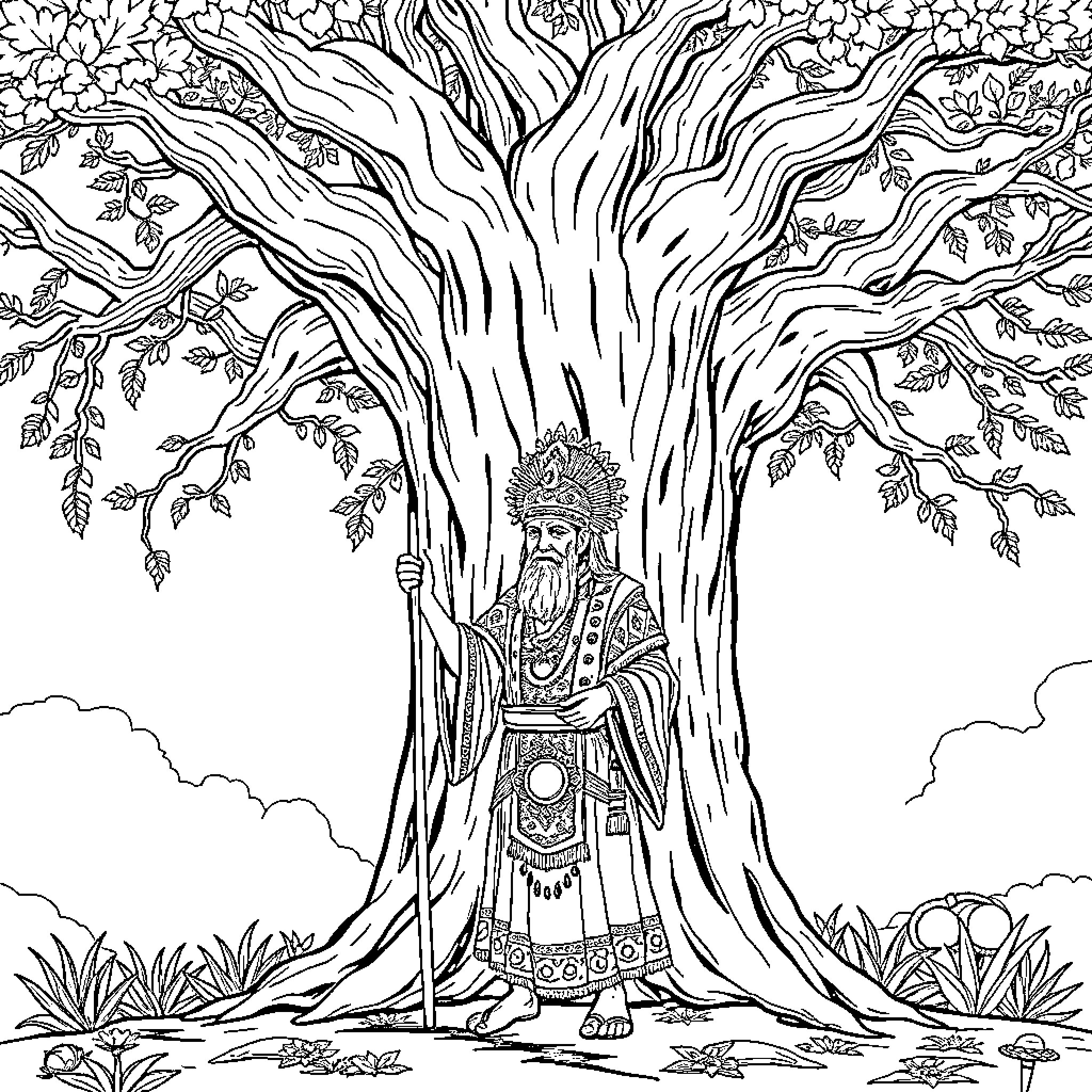 Babaylan standing under the majestic tree Coloring Page (free black-and-white line drawing printable PDF for all, from beginners to advanced learners, including children, teens, adults, and seniors)