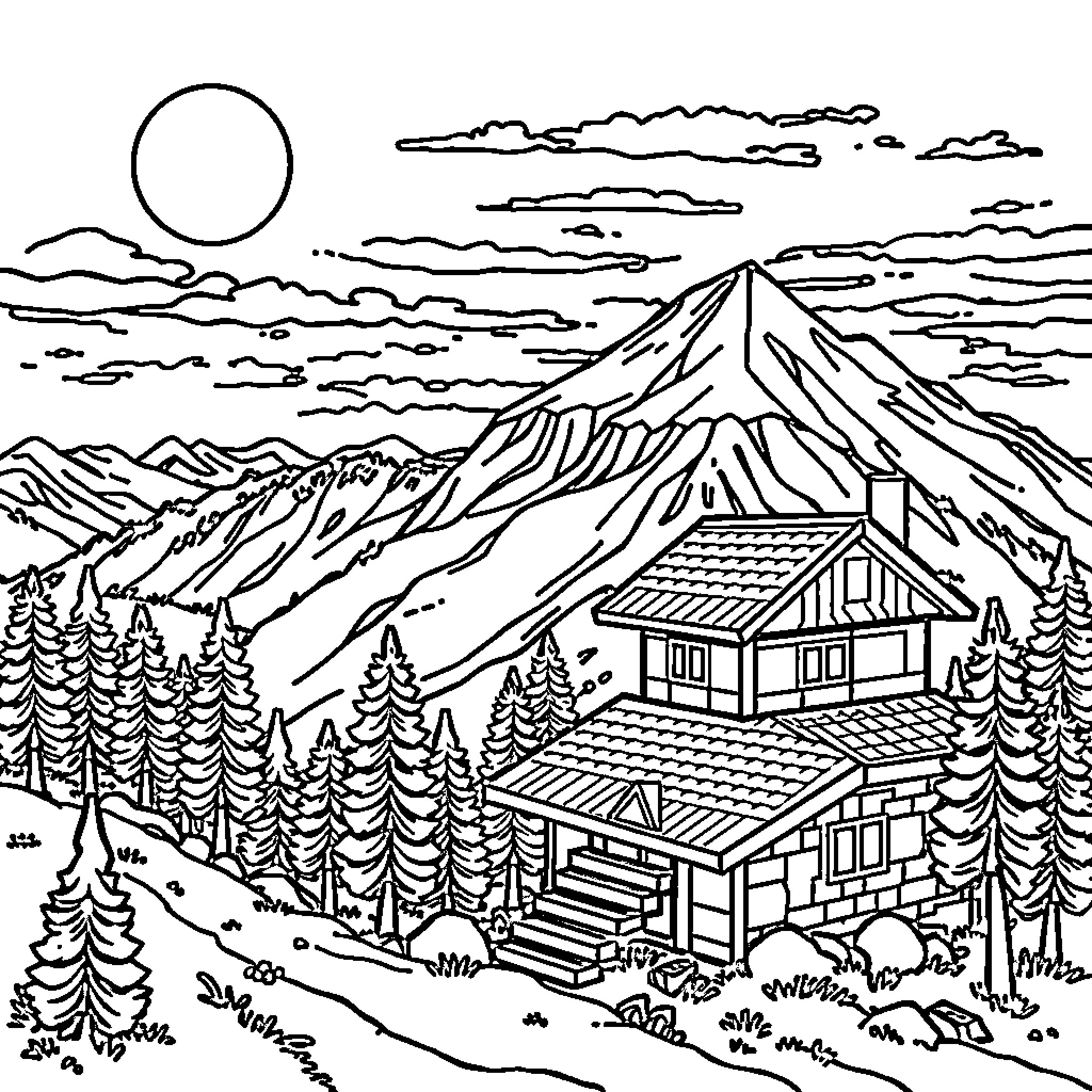 Lego Mountain Cabin in the Woods Coloring Page (free black-and-white line drawing printable PDF for all, from beginners to advanced learners, including children, teens, adults, and seniors)