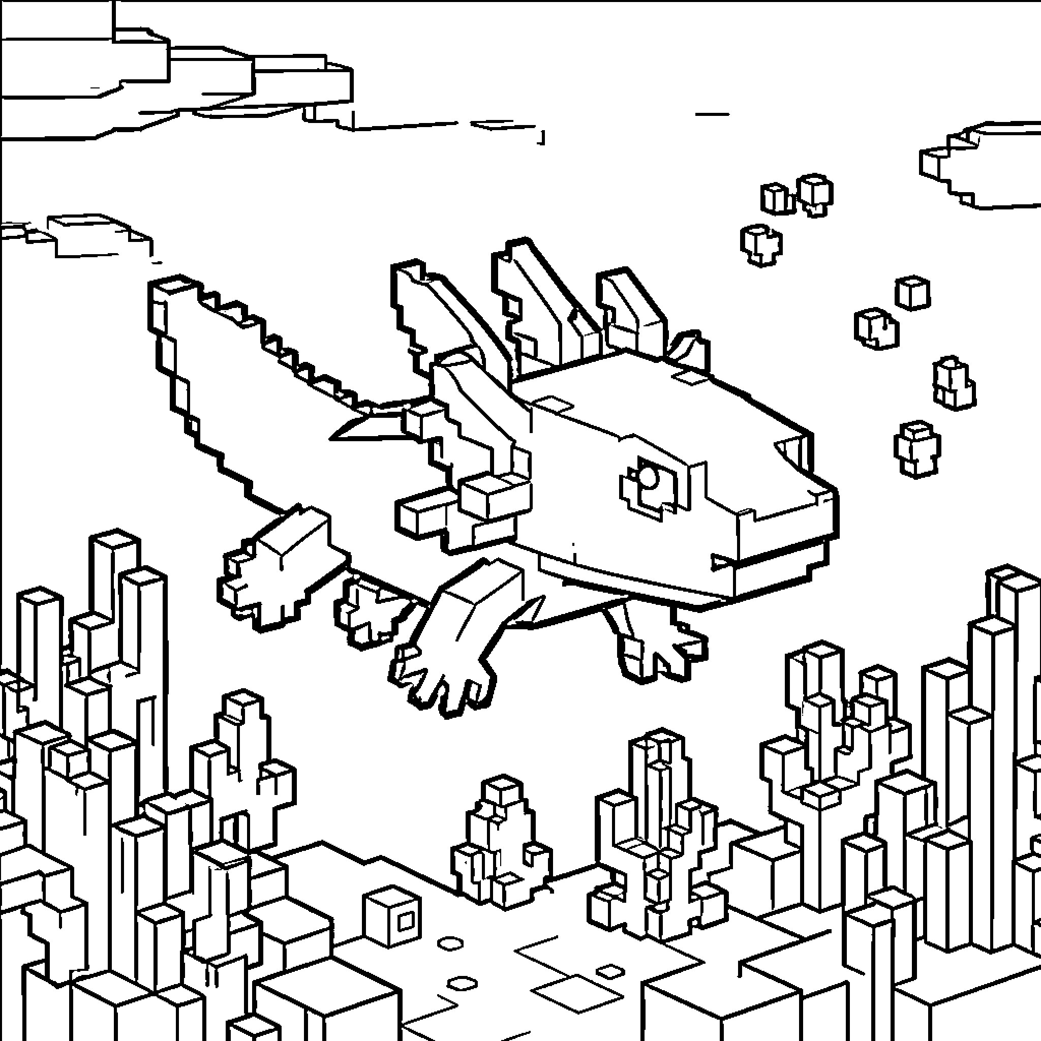 Axolotl swimming among blocky underwater coral reefs Coloring Page (free black-and-white line drawing printable PDF for all, from beginners to advanced learners, including children, teens, adults, and seniors)