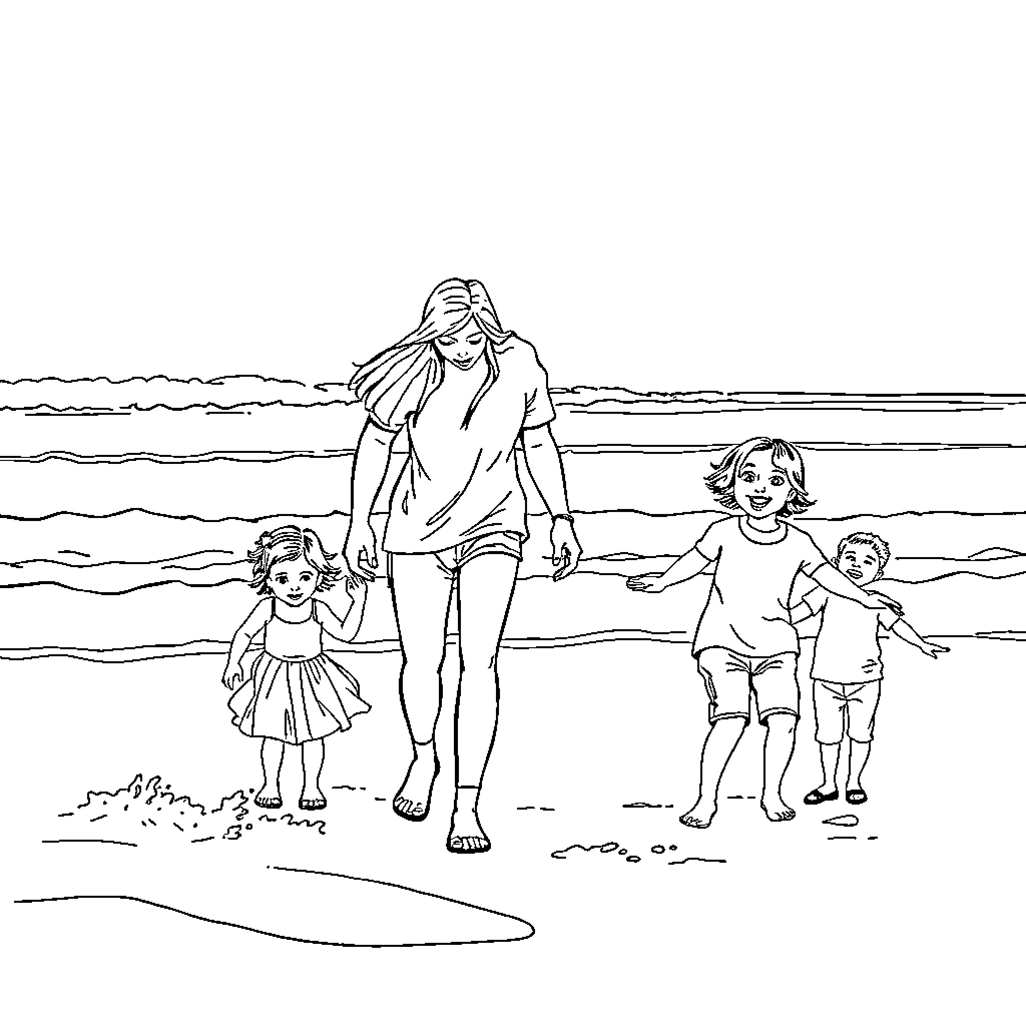 Family enjoying a day at the beach Coloring Page (free black-and-white line drawing printable PDF for all, from beginners to advanced learners, including children, teens, adults, and seniors)