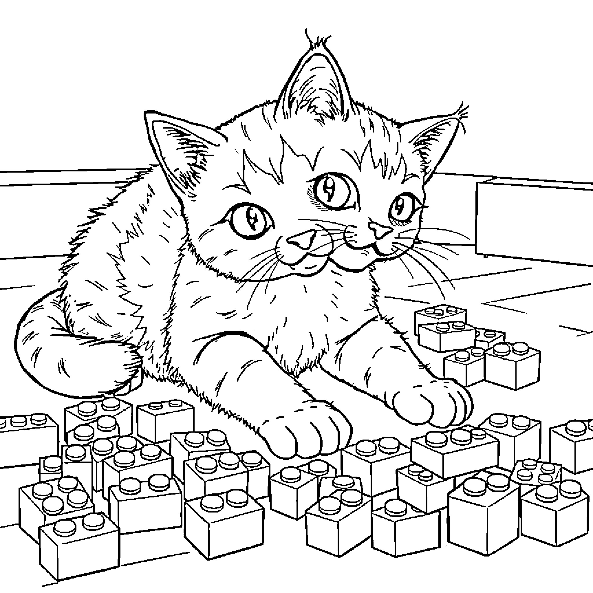 Cat playing with building blocks Coloring Page (free black-and-white line drawing printable PDF for all, from beginners to advanced learners, including children, teens, adults, and seniors)