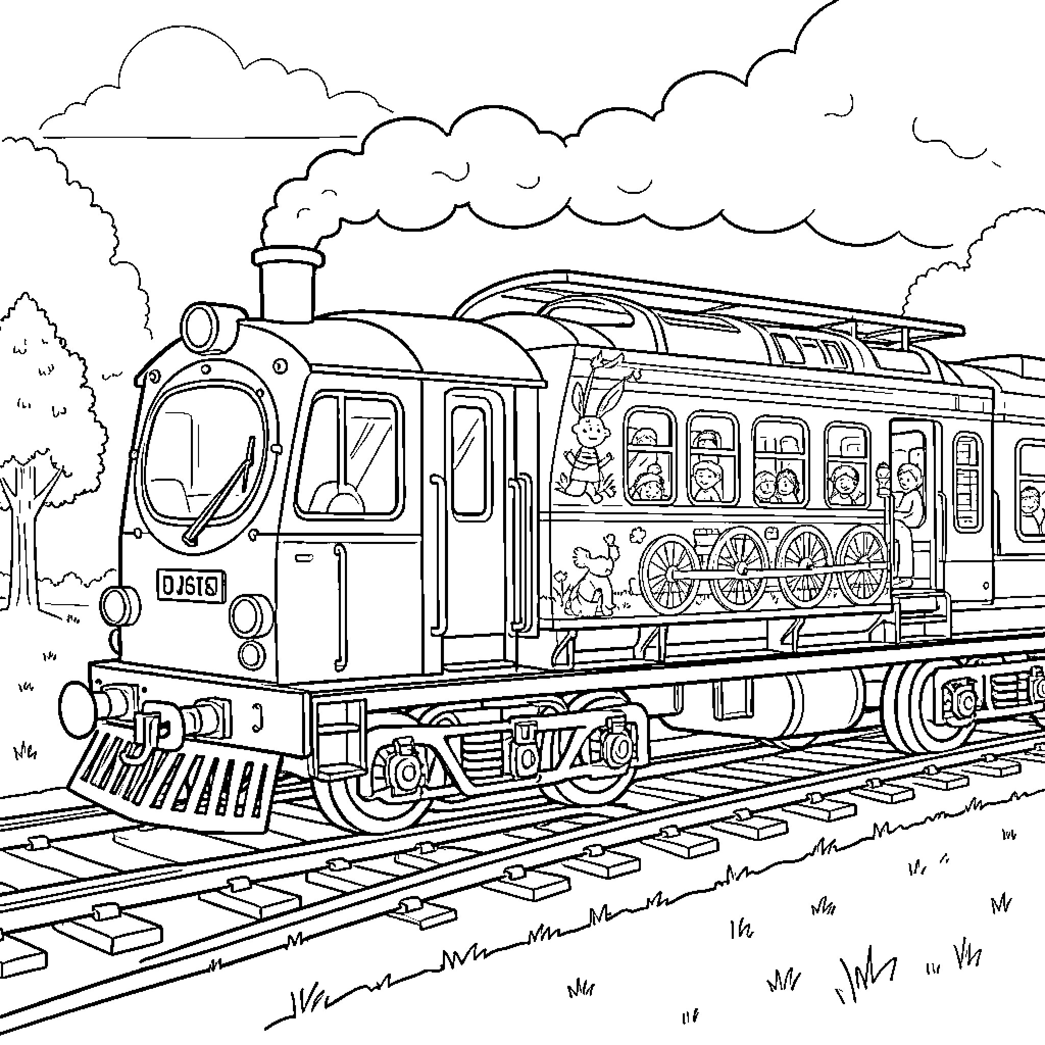 Train carrying passengers on a scenic journey Coloring Page (free black-and-white line drawing printable PDF for all, from beginners to advanced learners, including children, teens, adults, and seniors)