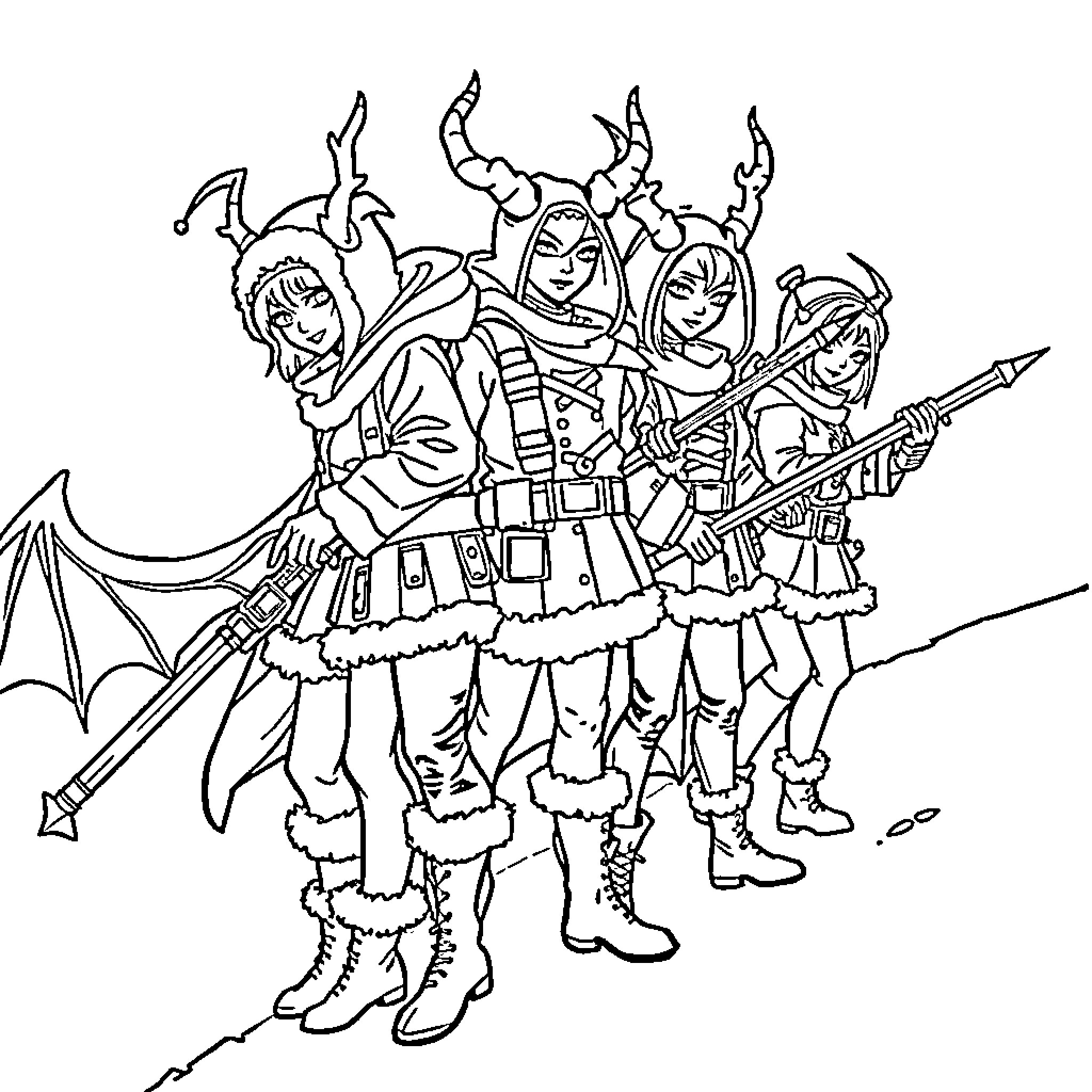 Demon Hunter Group Preparing for Battle Coloring Page (free black-and-white line drawing printable PDF for all, from beginners to advanced learners, including children, teens, adults, and seniors)