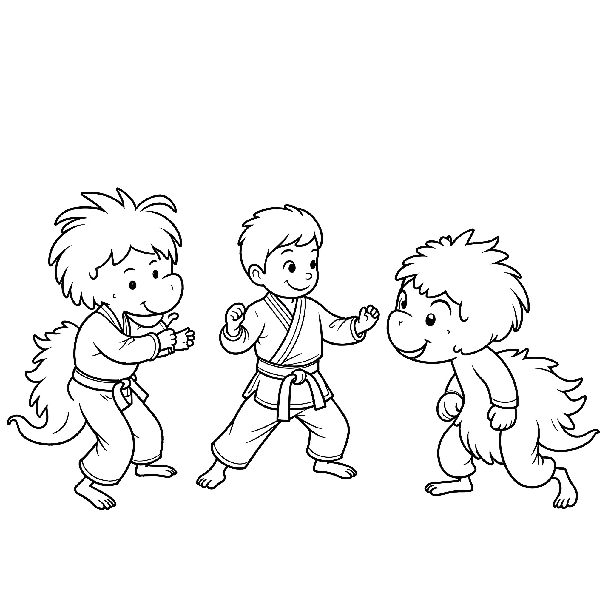 Boy practicing martial arts with friends Coloring Page (free black-and-white line drawing printable PDF for all, from beginners to advanced learners, including children, teens, adults, and seniors)