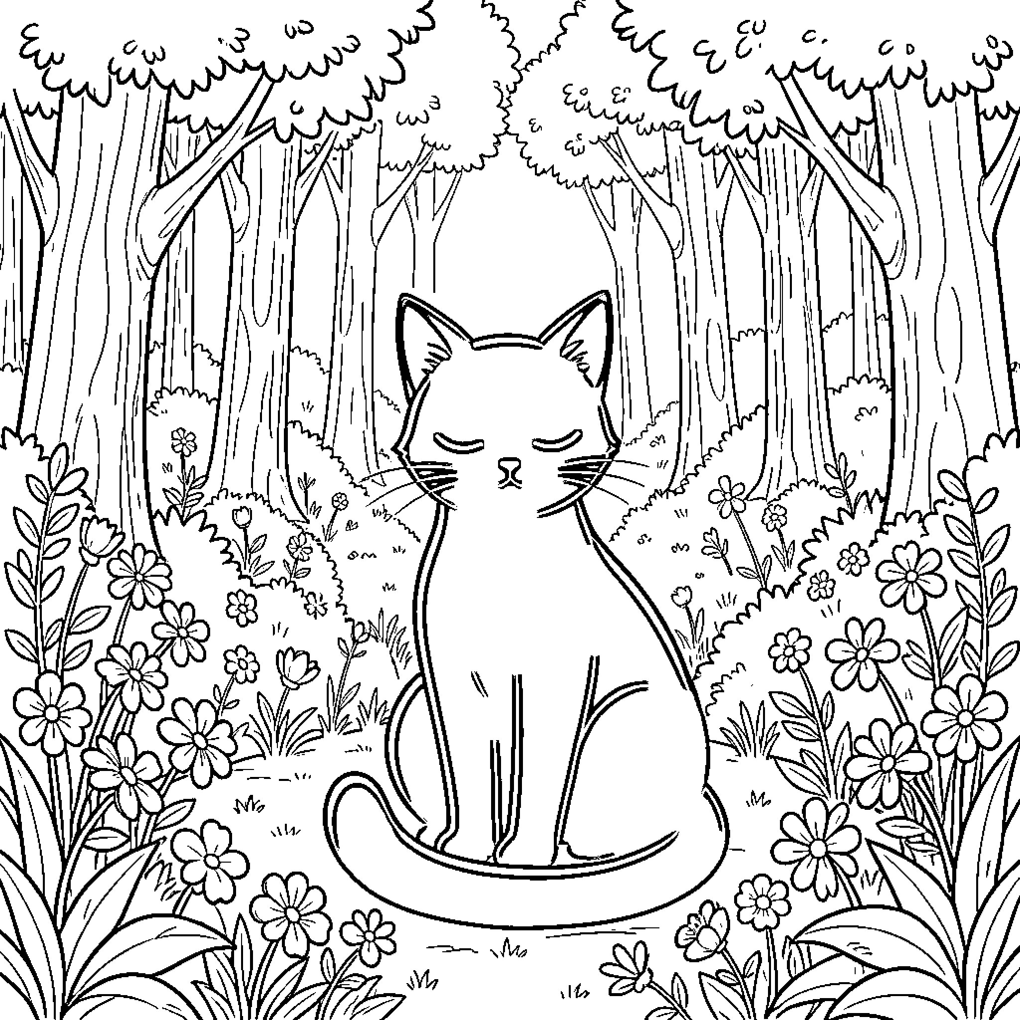 Cat in a Flowery Forest Coloring Page (free black-and-white line drawing printable PDF for all, from beginners to advanced learners, including children, teens, adults, and seniors)