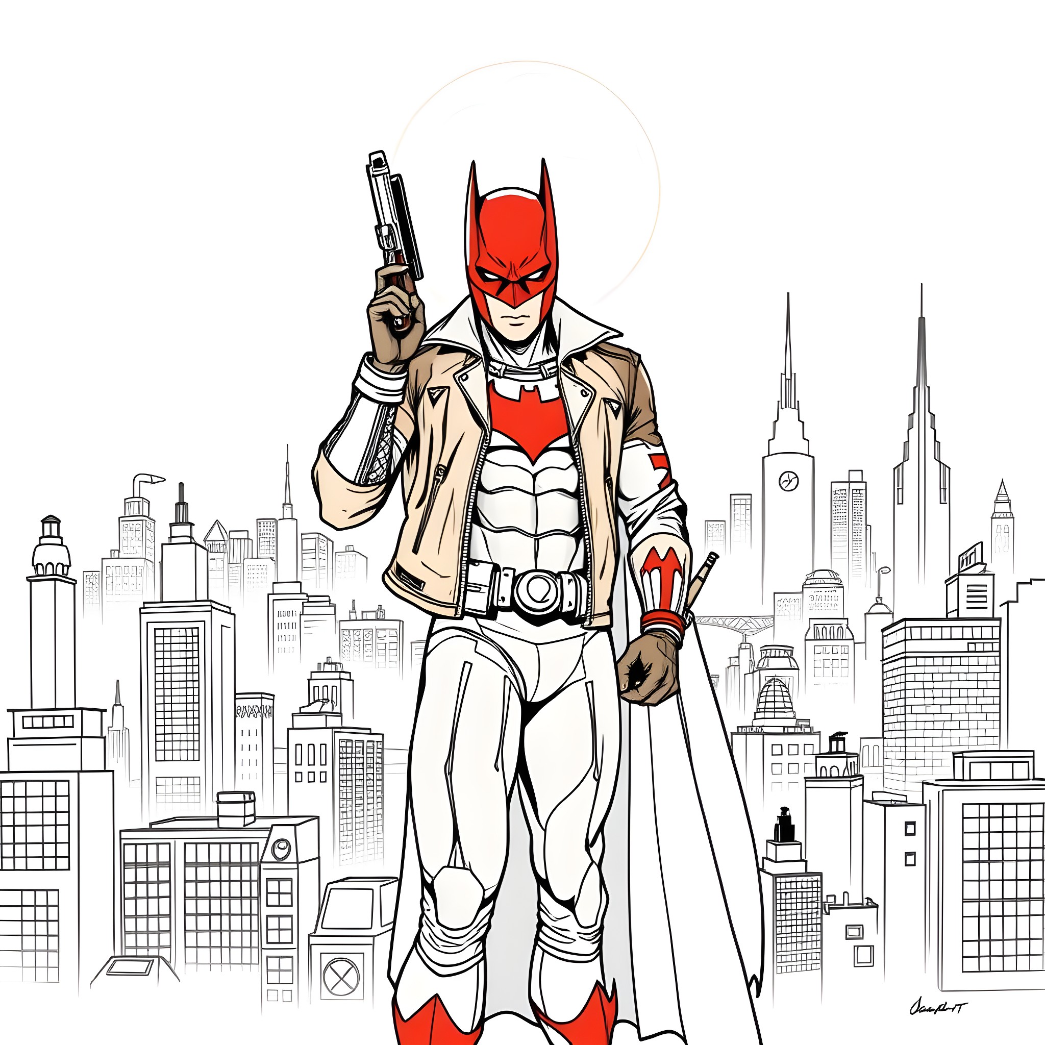 Red Hood: The Vigilante's Crimson Crusade in the City Coloring Page (free black-and-white line drawing printable PDF for all, from beginners to advanced learners, including children, teens, adults, and seniors)