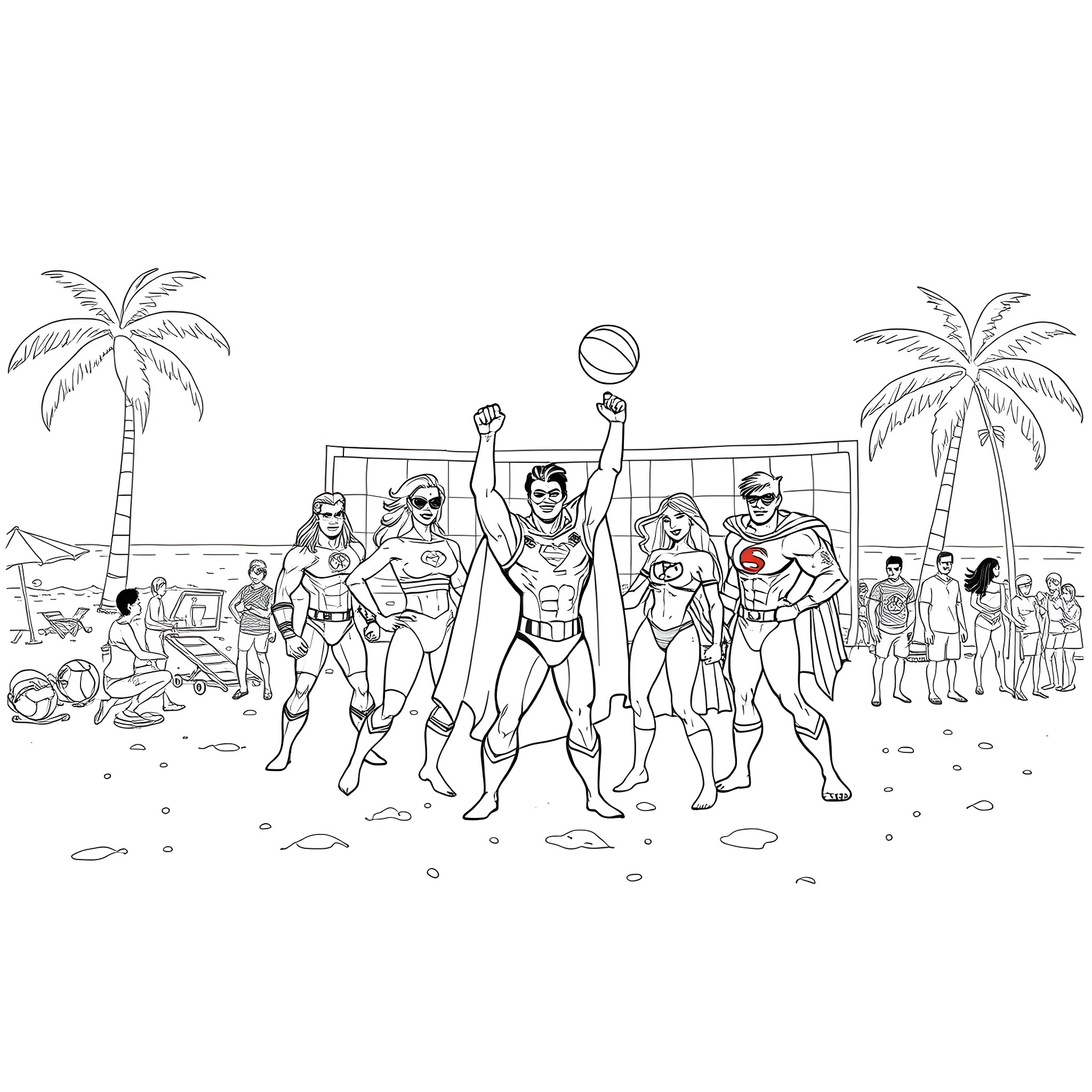 Superhero beach party with action-packed poses Coloring Page (free black-and-white line drawing printable PDF for all, from beginners to advanced learners, including children, teens, adults, and seniors)