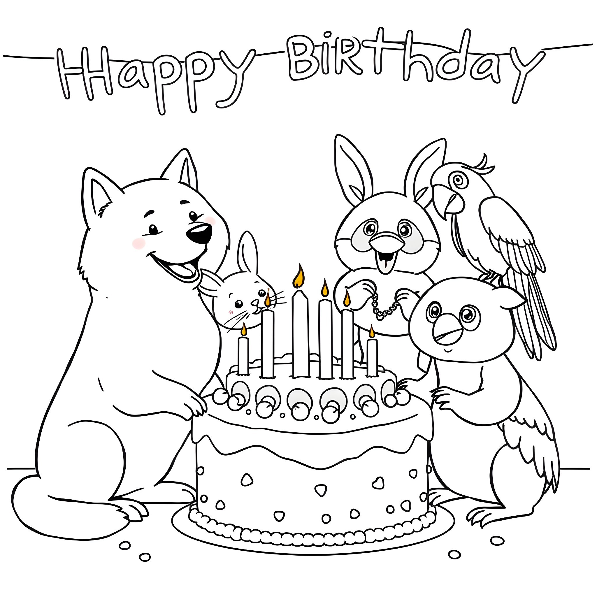Animal Celebrating Birthday Party with Cake and Candles Coloring Page (free black-and-white line drawing printable PDF for all, from beginners to advanced learners, including children, teens, adults, and seniors)