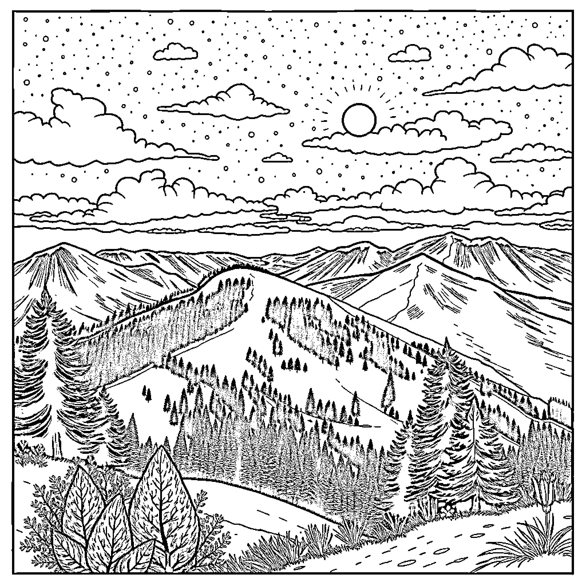 Eiffel Tower winter landscape with mountain and forest Coloring Page (free black-and-white line drawing printable PDF for all, from beginners to advanced learners, including children, teens, adults, and seniors)