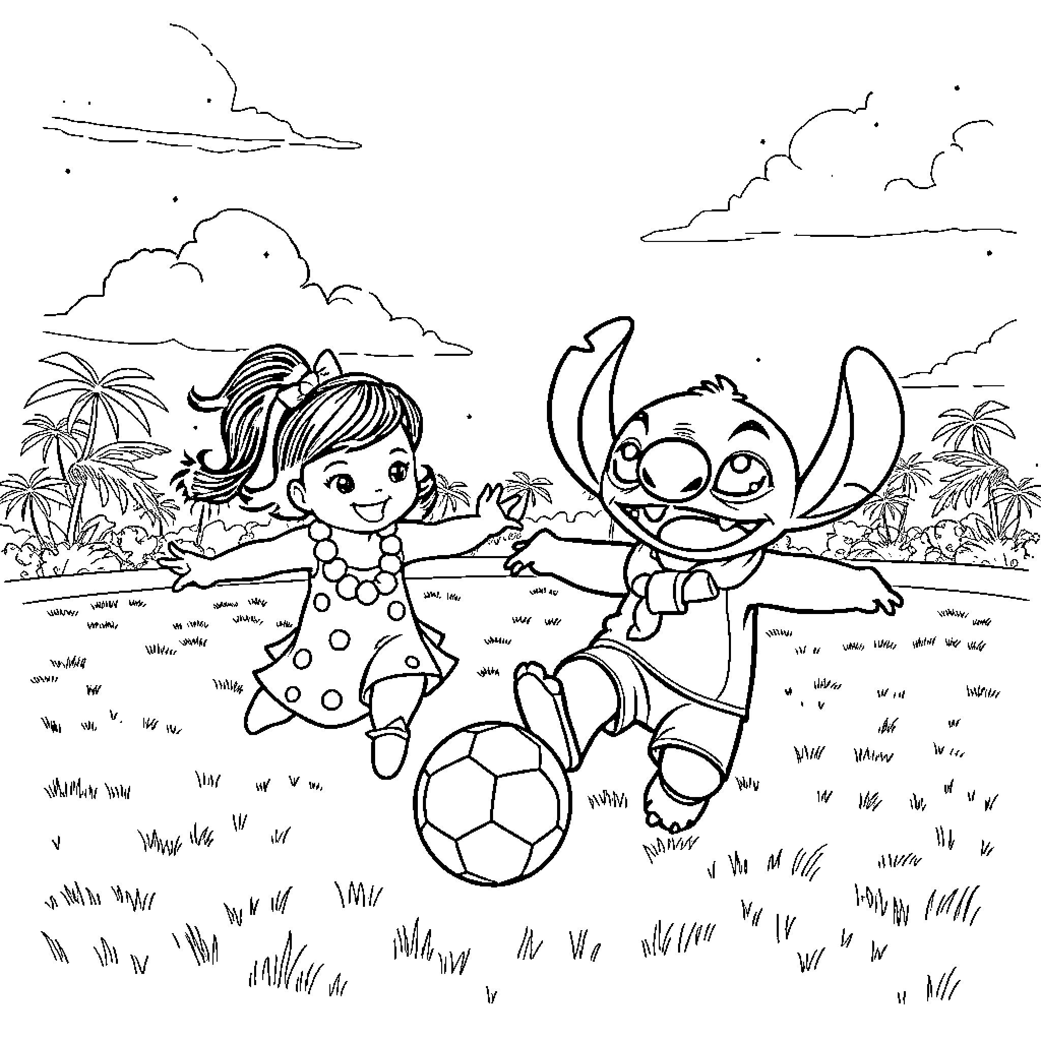 Labubu playing soccer with a friend in the park Coloring Page (free black-and-white line drawing printable PDF for all, from beginners to advanced learners, including children, teens, adults, and seniors)