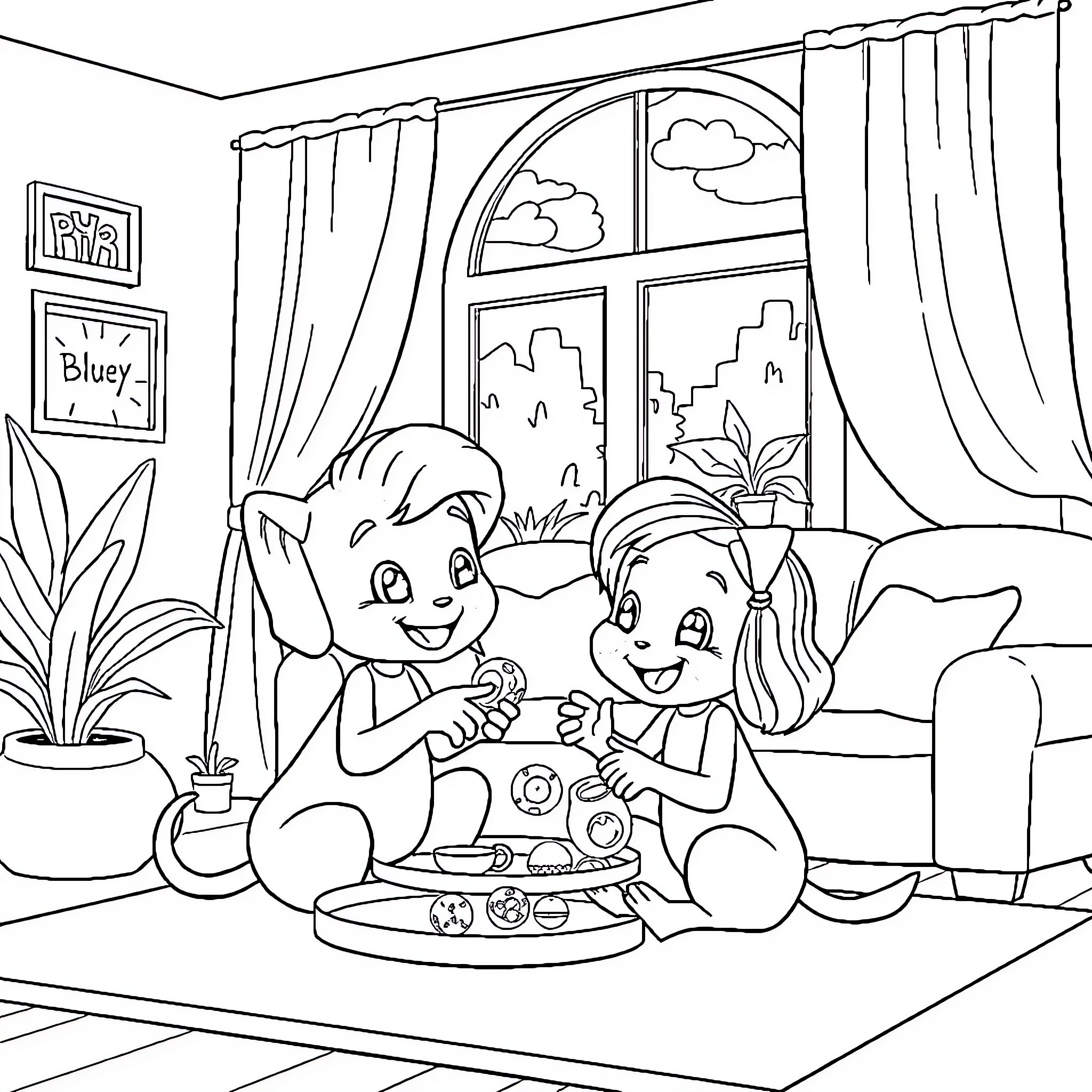 Bluey and Sibling Playing Together at Home Coloring Page (free black-and-white line drawing printable PDF for all, from beginners to advanced learners, including children, teens, adults, and seniors)