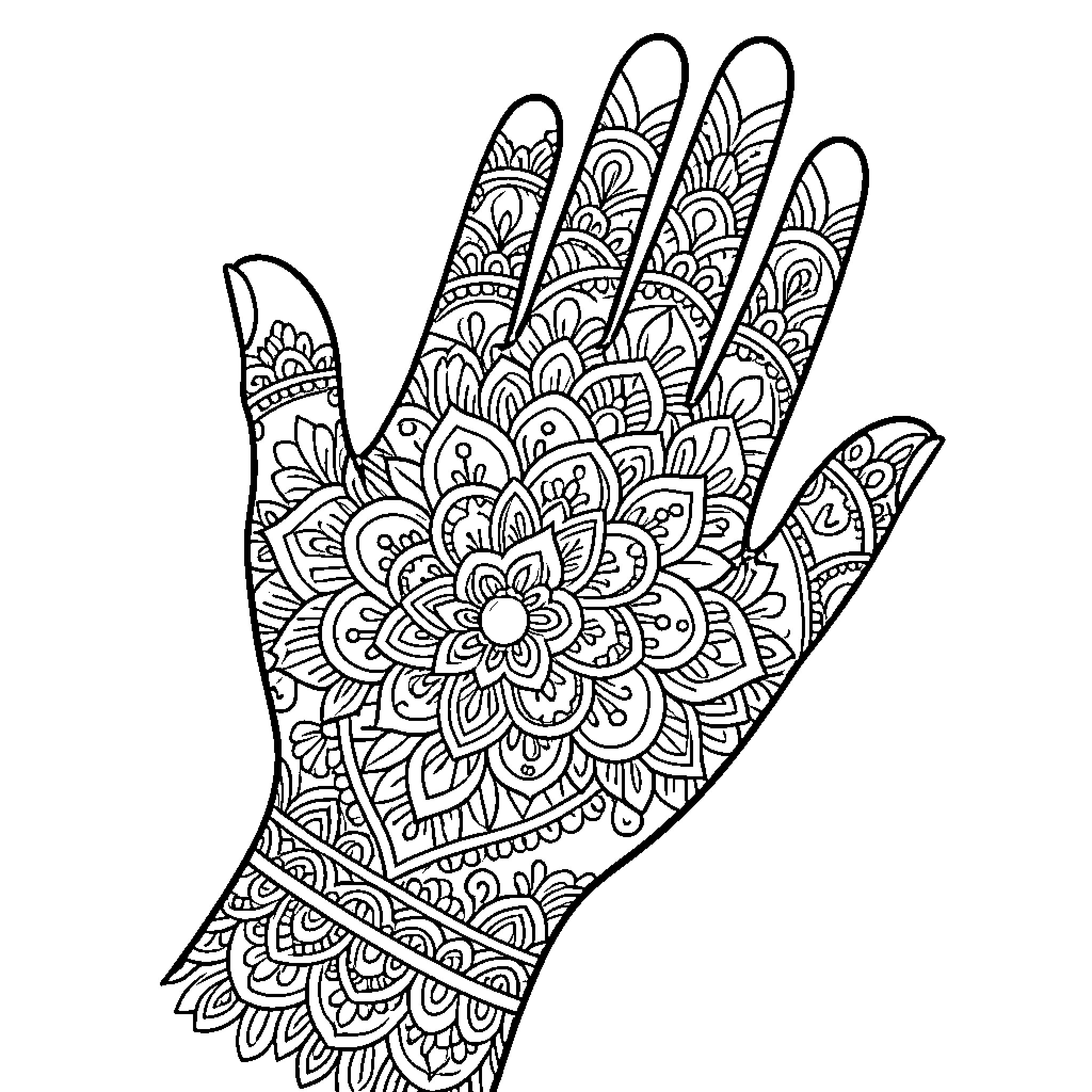 Mandala of decorative hand with intricate patterns Coloring Page (free black-and-white line drawing printable PDF for all, from beginners to advanced learners, including children, teens, adults, and seniors)