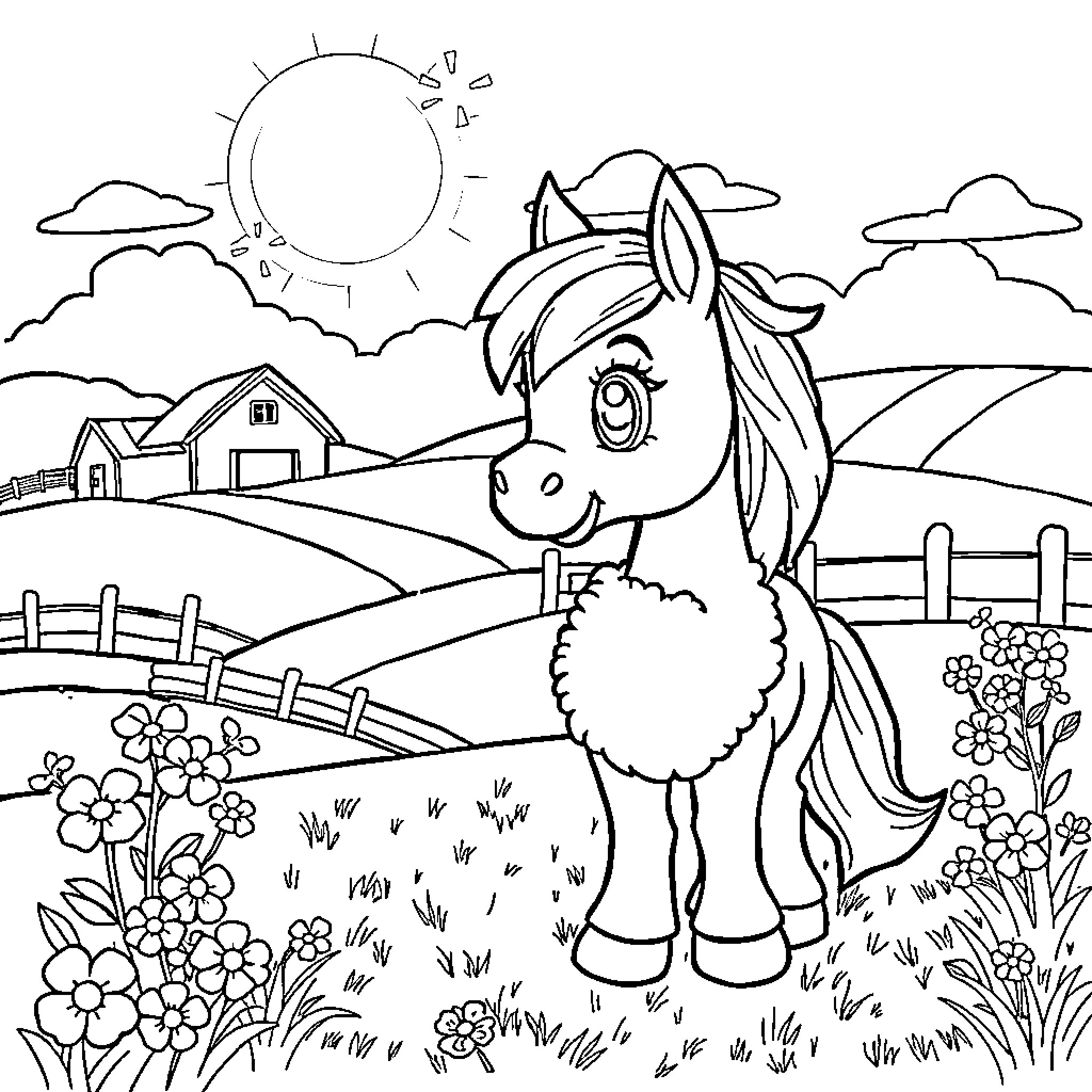 Bluey's Peaceful Farmland Adventure Coloring Page (free black-and-white line drawing printable PDF for all, from beginners to advanced learners, including children, teens, adults, and seniors)