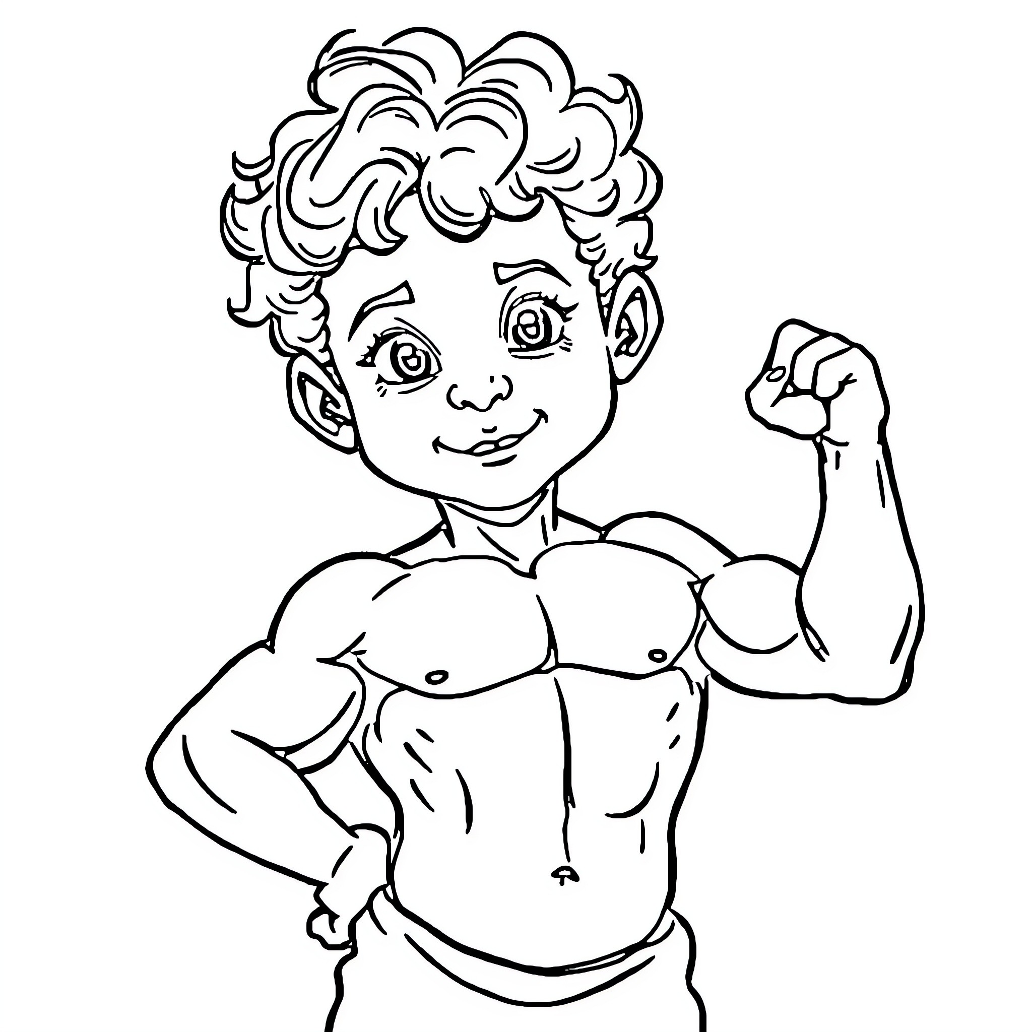 Child displaying muscular physique Coloring Page (free black-and-white line drawing printable PDF for all, from beginners to advanced learners, including children, teens, adults, and seniors)