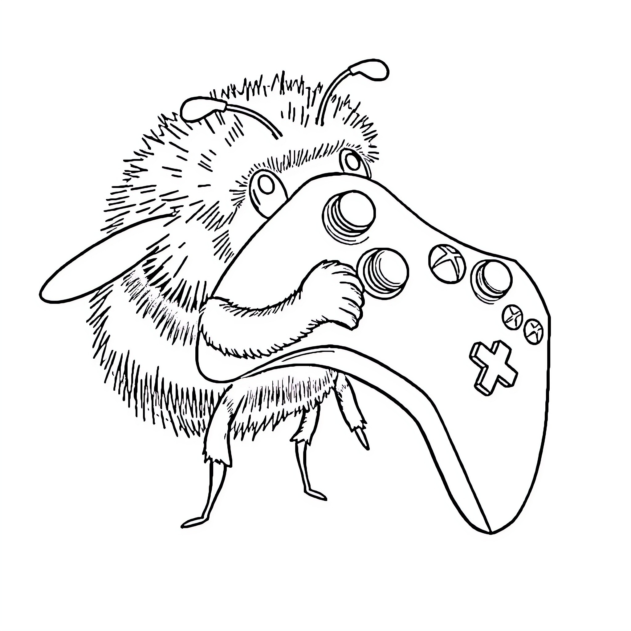 Bumble Bee playing with video game controller Coloring Page (free black-and-white line drawing printable PDF for all, from beginners to advanced learners, including children, teens, adults, and seniors)