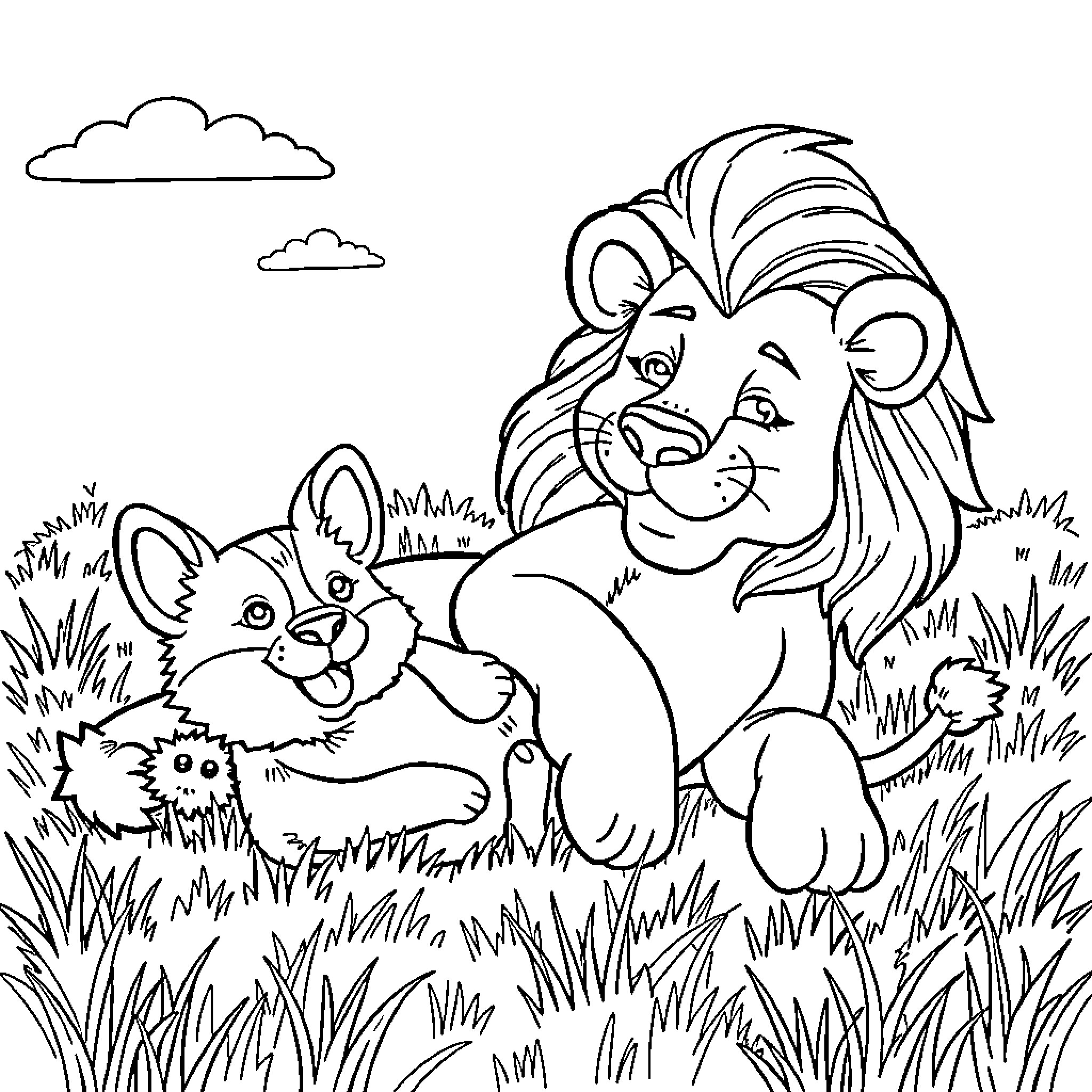 Lioness and cubs playing in the grassland Coloring Page (free black-and-white line drawing printable PDF for all, from beginners to advanced learners, including children, teens, adults, and seniors)