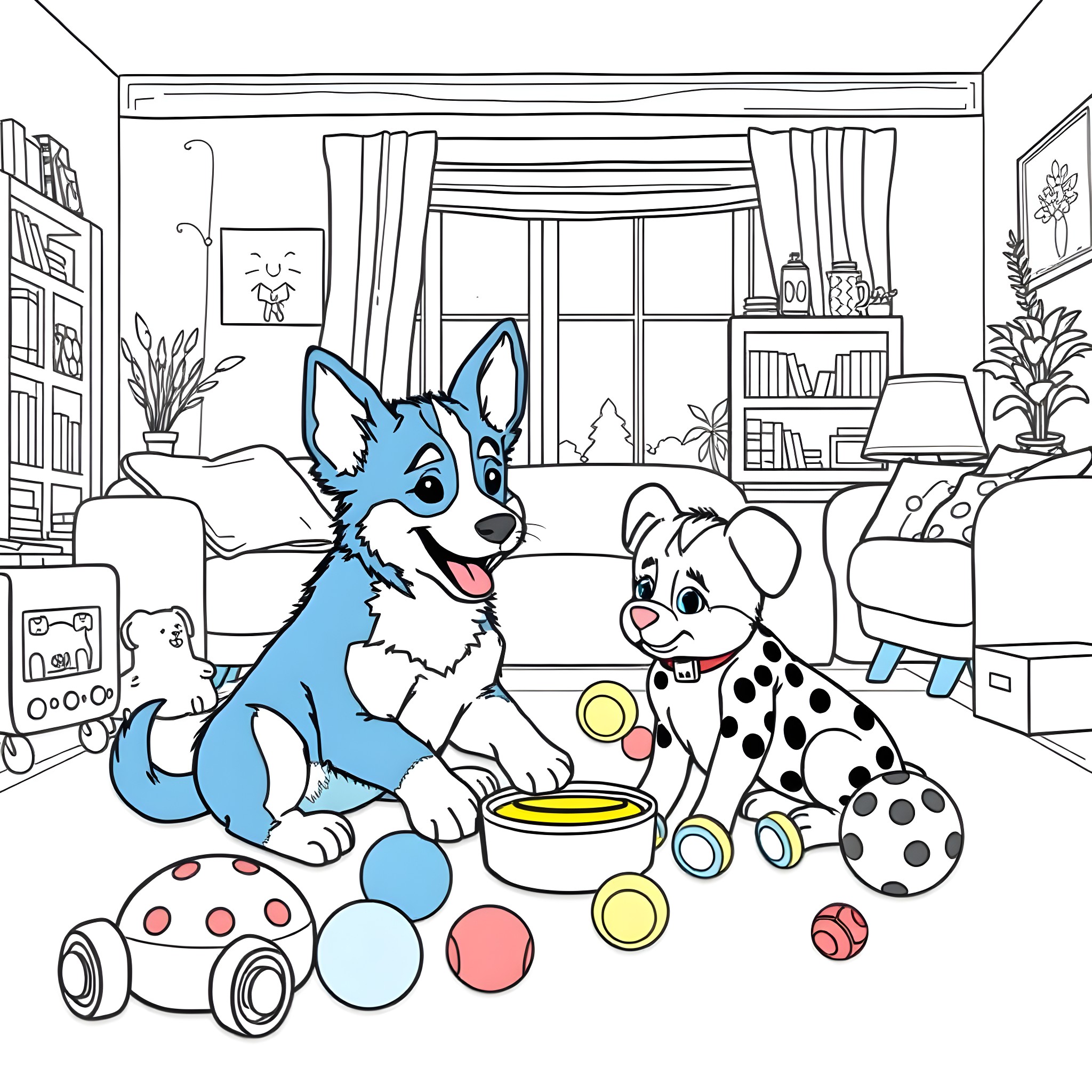 Bluey and Friends Playtime in the Living Room Coloring Page (free black-and-white line drawing printable PDF for all, from beginners to advanced learners, including children, teens, adults, and seniors)