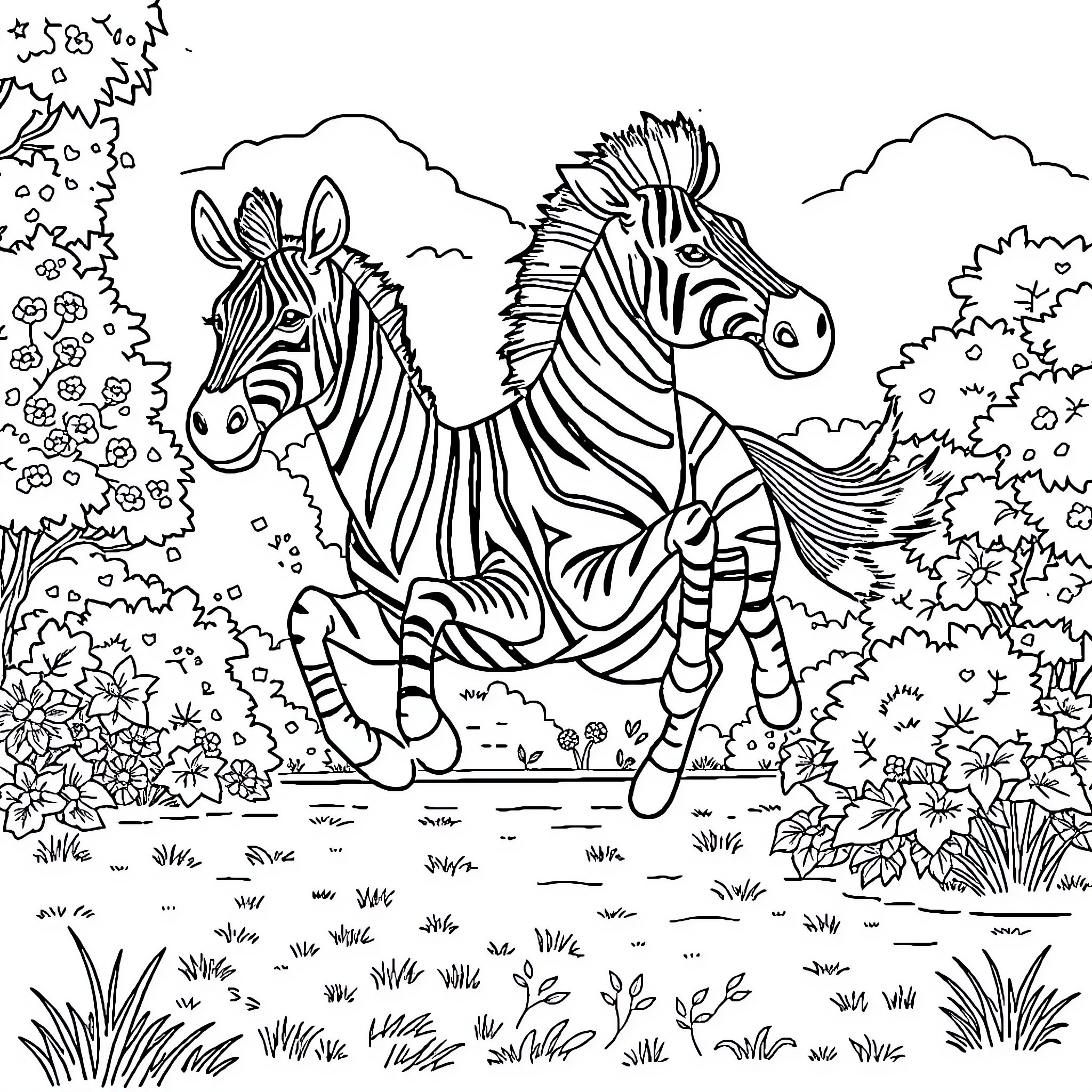 Zebra playing in the wild savanna Coloring Page (free black-and-white line drawing printable PDF for all, from beginners to advanced learners, including children, teens, adults, and seniors)