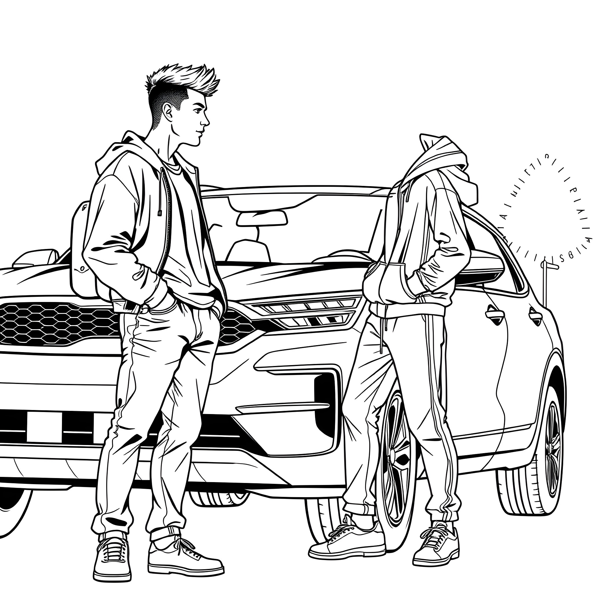 Teen Guy checking out stylish car with friend Coloring Page (free black-and-white line drawing printable PDF for all, from beginners to advanced learners, including children, teens, adults, and seniors)