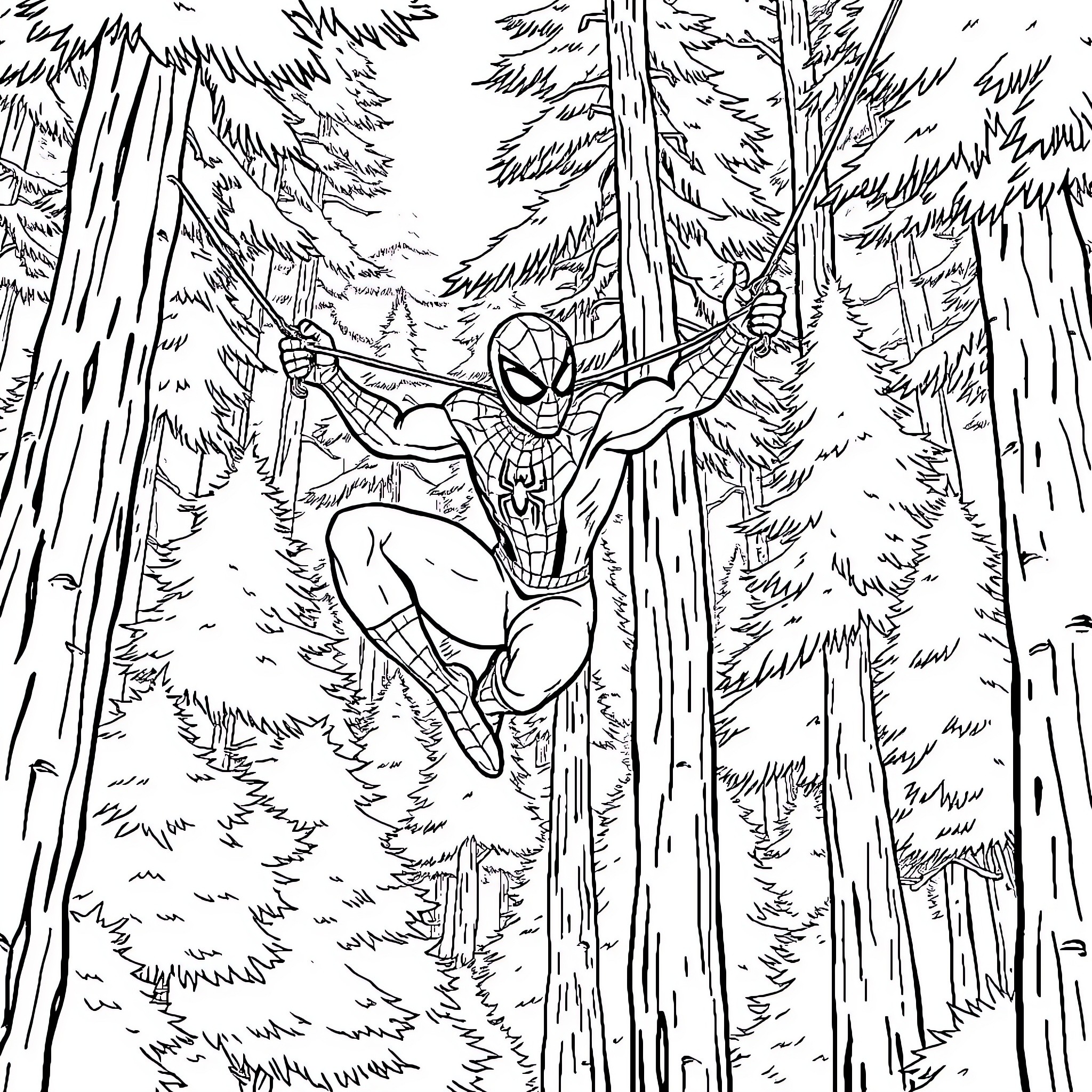Spiderman swinging through the forest Coloring Page (free black-and-white line drawing printable PDF for all, from beginners to advanced learners, including children, teens, adults, and seniors)