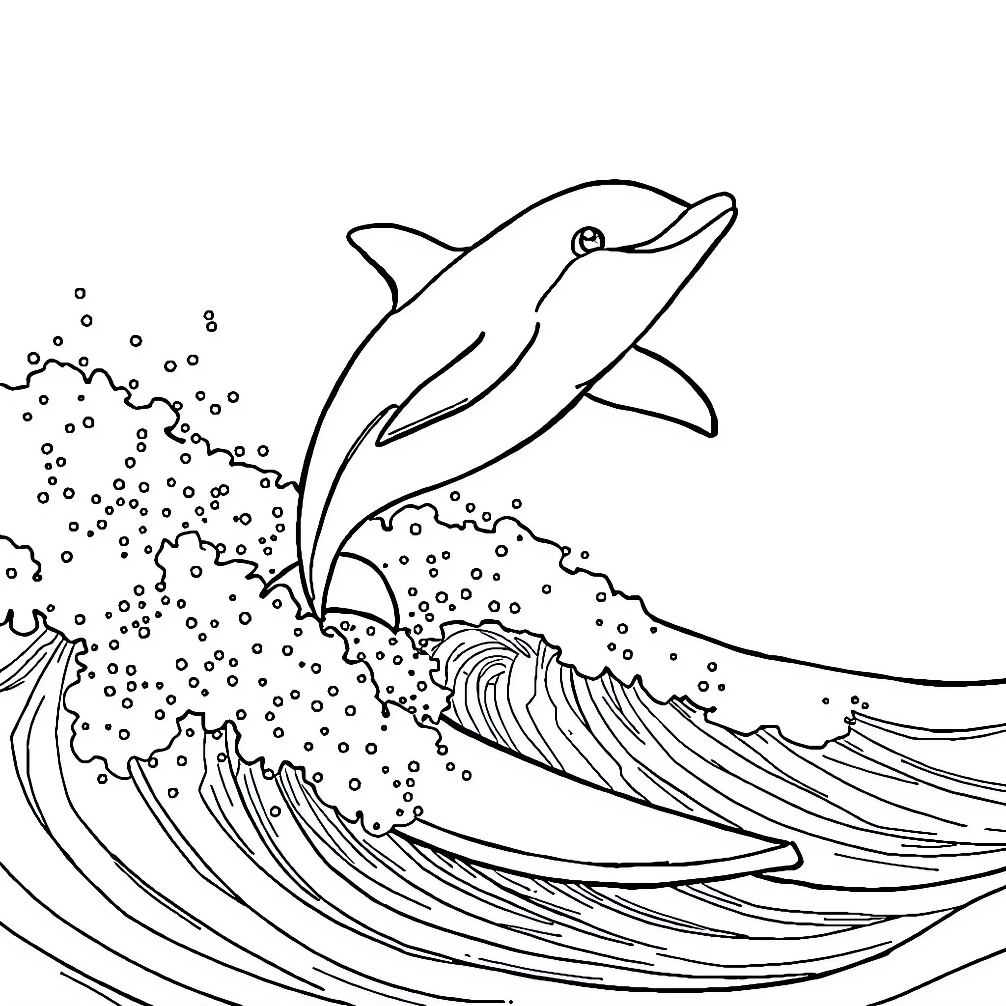 Dolphin swimming playfully in the ocean waves Coloring Page (free black-and-white line drawing printable PDF for all, from beginners to advanced learners, including children, teens, adults, and seniors)