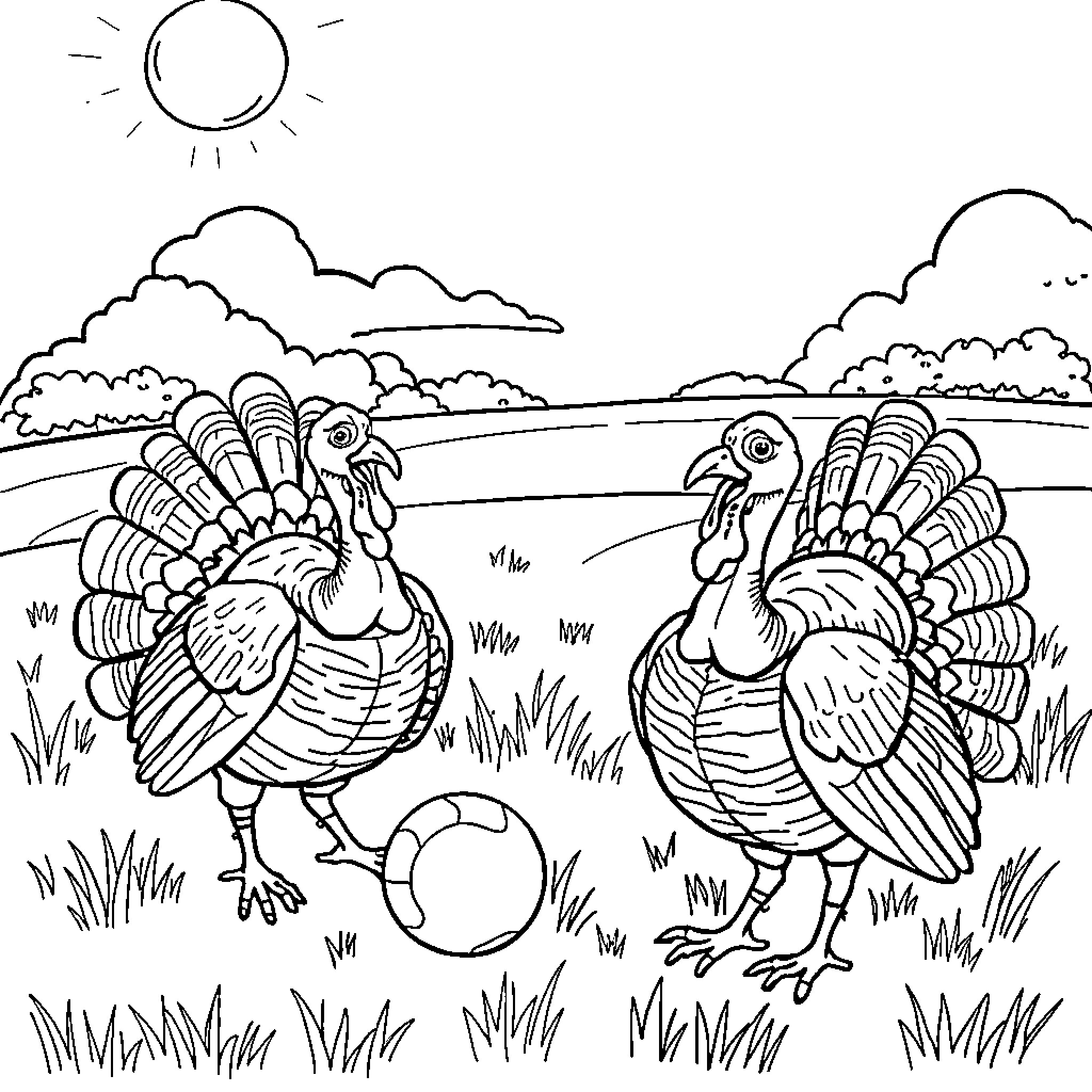 Turkey enjoying a playful day in the countryside Coloring Page (free black-and-white line drawing printable PDF for all, from beginners to advanced learners, including children, teens, adults, and seniors)